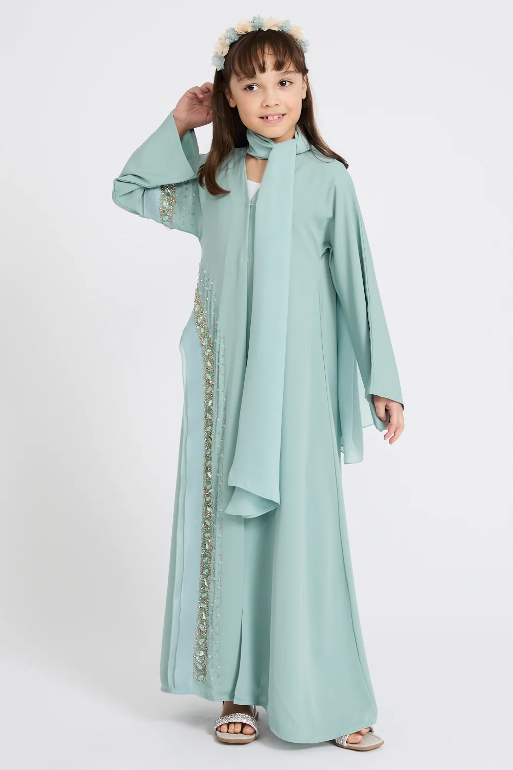 Junior Girls Premium Aurora Jewel Open Abaya with Organza Detail - Minted Blossom - Image 6