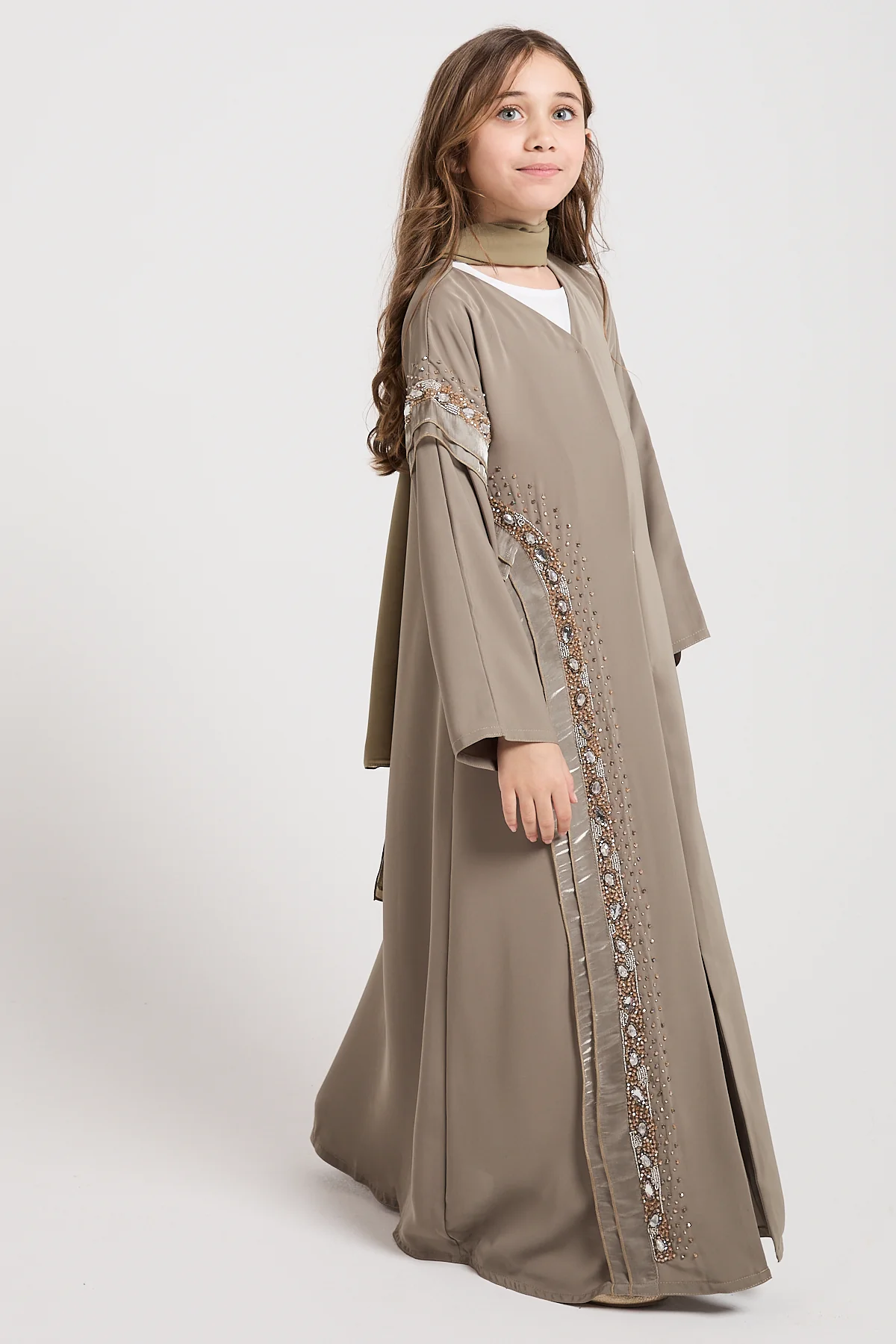 Junior Girls Premium Aurora Jewel Open Abaya - Olive Grey