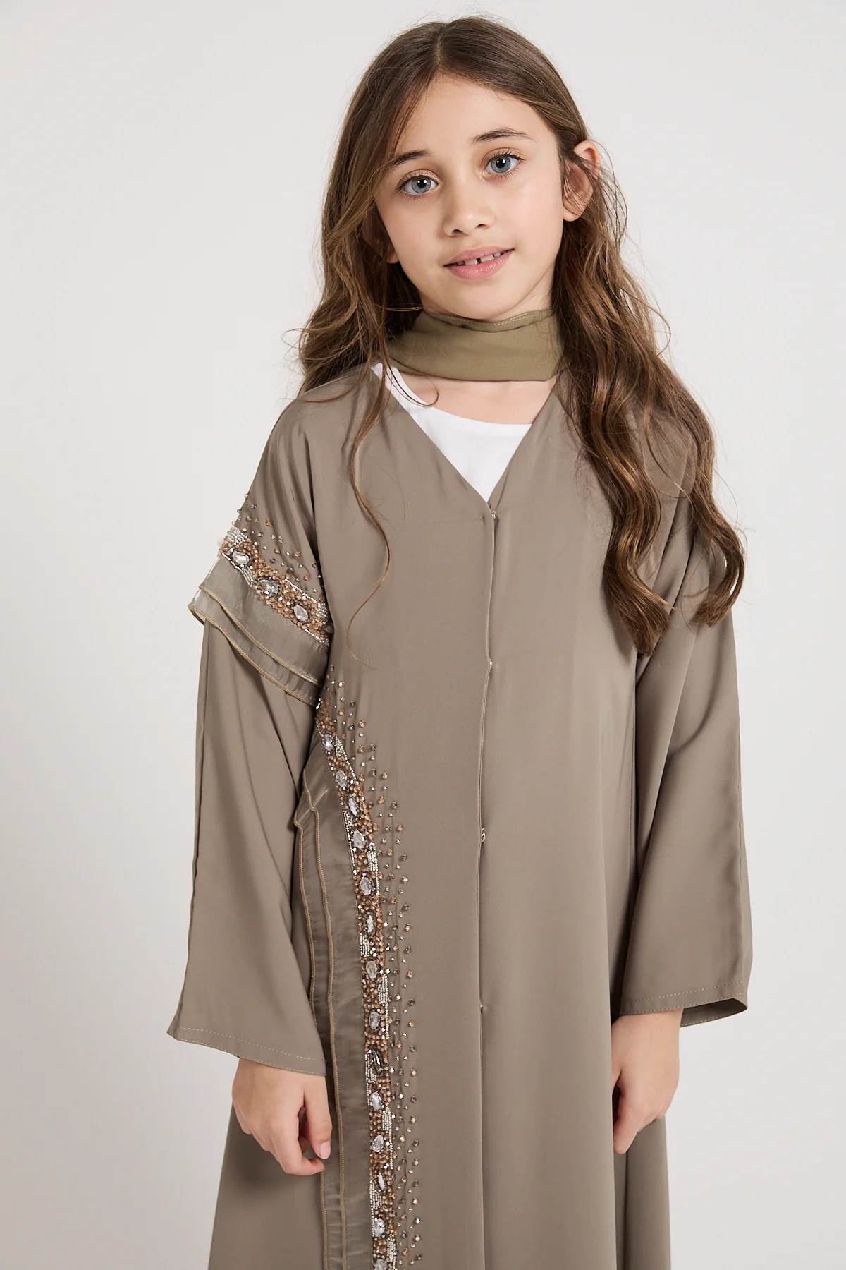 Junior Girls Premium Aurora Jewel Open Abaya - Olive Grey - Image 2