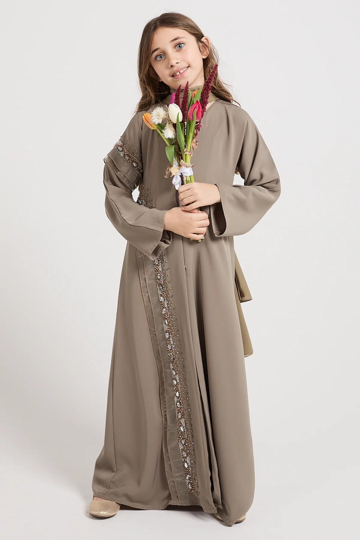 Junior Girls Premium Aurora Jewel Open Abaya - Olive Grey - Image 3
