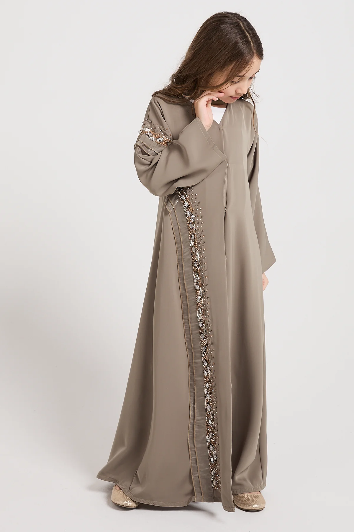 Junior Girls Premium Aurora Jewel Open Abaya - Olive Grey - Image 4
