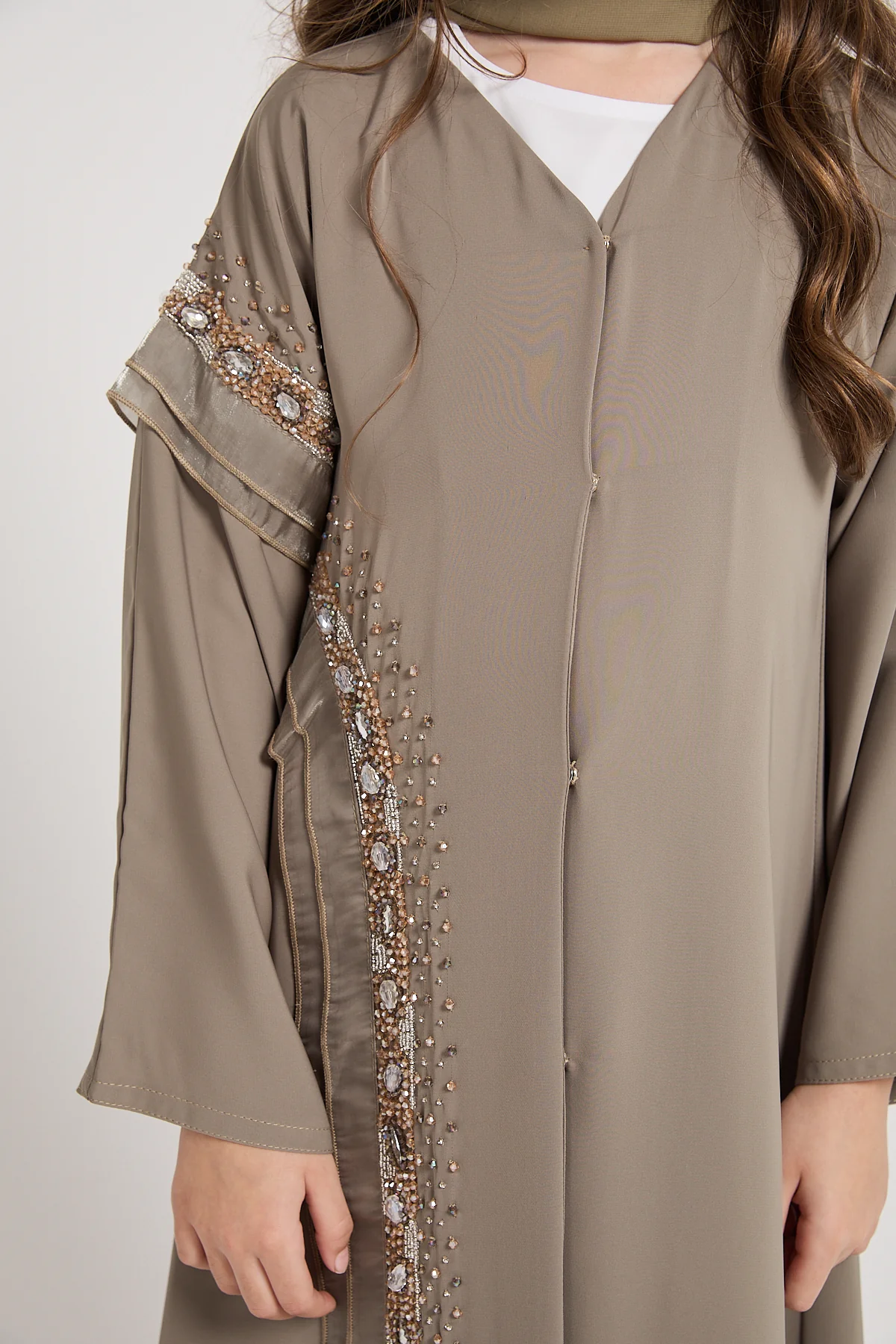 Junior Girls Premium Aurora Jewel Open Abaya - Olive Grey - Image 5
