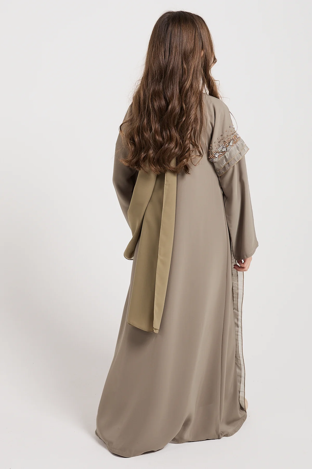 Junior Girls Premium Aurora Jewel Open Abaya - Olive Grey - Image 6