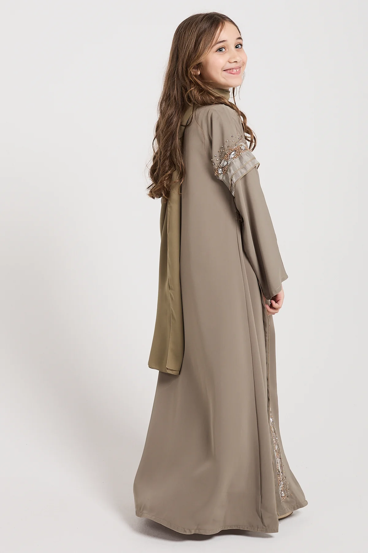 Junior Girls Premium Aurora Jewel Open Abaya - Olive Grey - Image 7