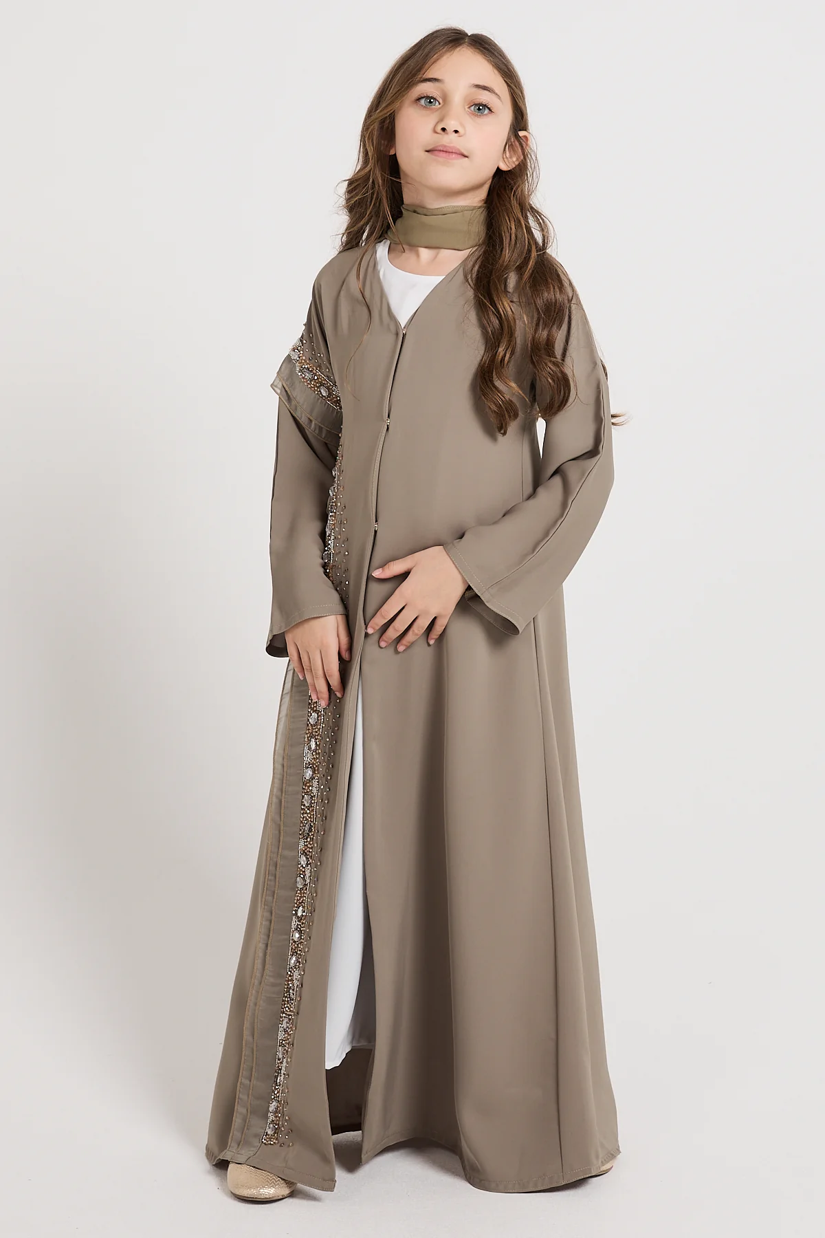 Junior Girls Premium Aurora Jewel Open Abaya - Olive Grey - Image 8