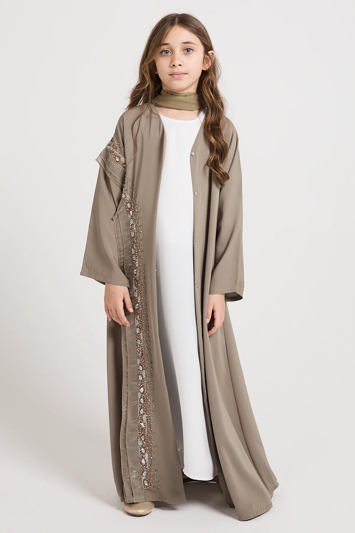 Junior Girls Premium Aurora Jewel Open Abaya - Olive Grey - Image 9