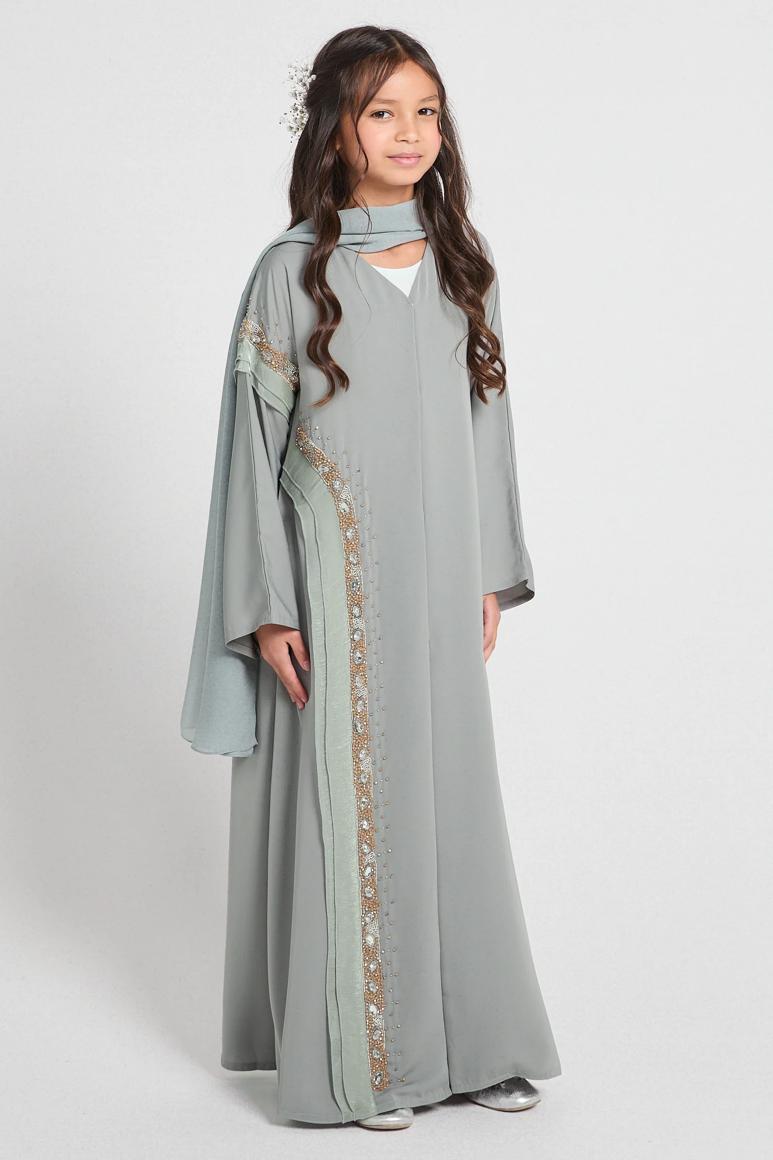 Junior Girls Premium Aurora Jewel Open Abaya with Organza Detail - Sage Grey