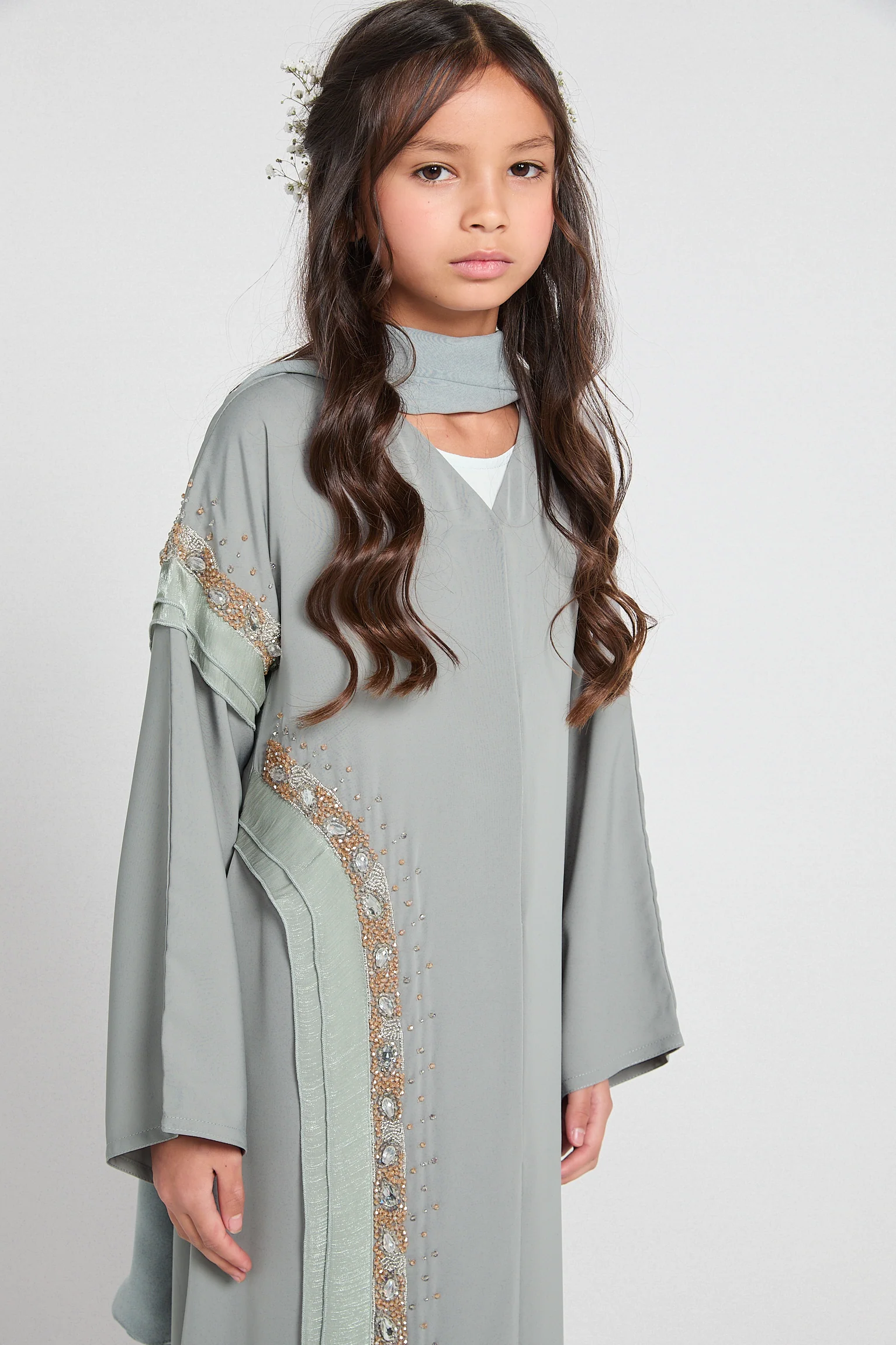 Junior Girls Premium Aurora Jewel Open Abaya with Organza Detail - Sage Grey - Image 2