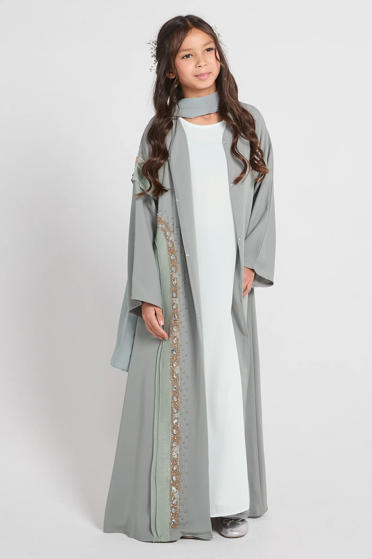 Junior Girls Premium Aurora Jewel Open Abaya with Organza Detail - Sage Grey - Image 3