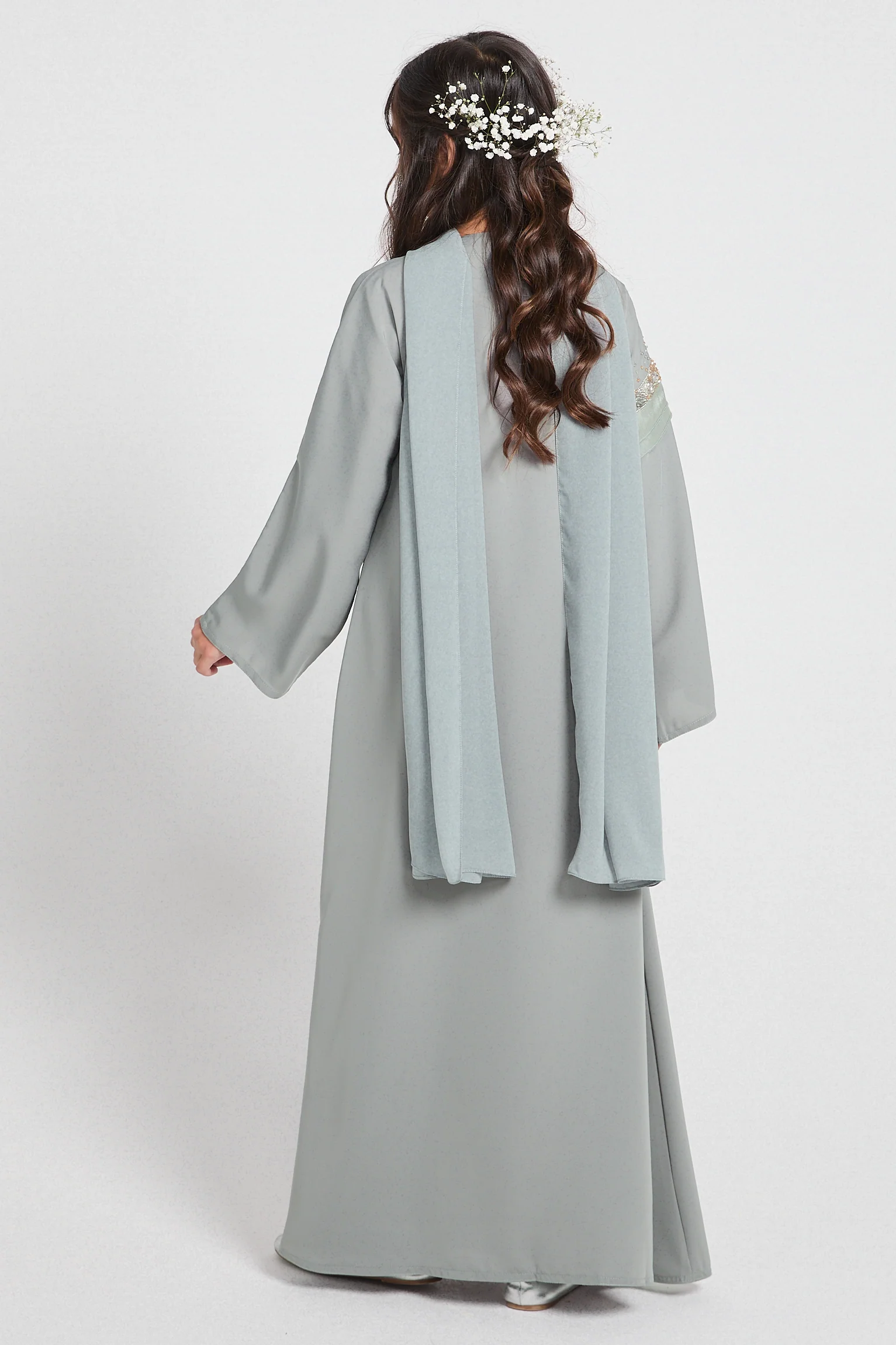 Junior Girls Premium Aurora Jewel Open Abaya with Organza Detail - Sage Grey - Image 4