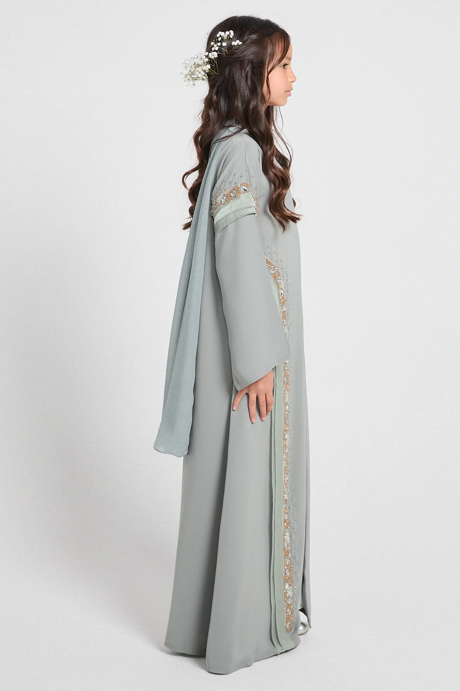 Junior Girls Premium Aurora Jewel Open Abaya with Organza Detail - Sage Grey - Image 5