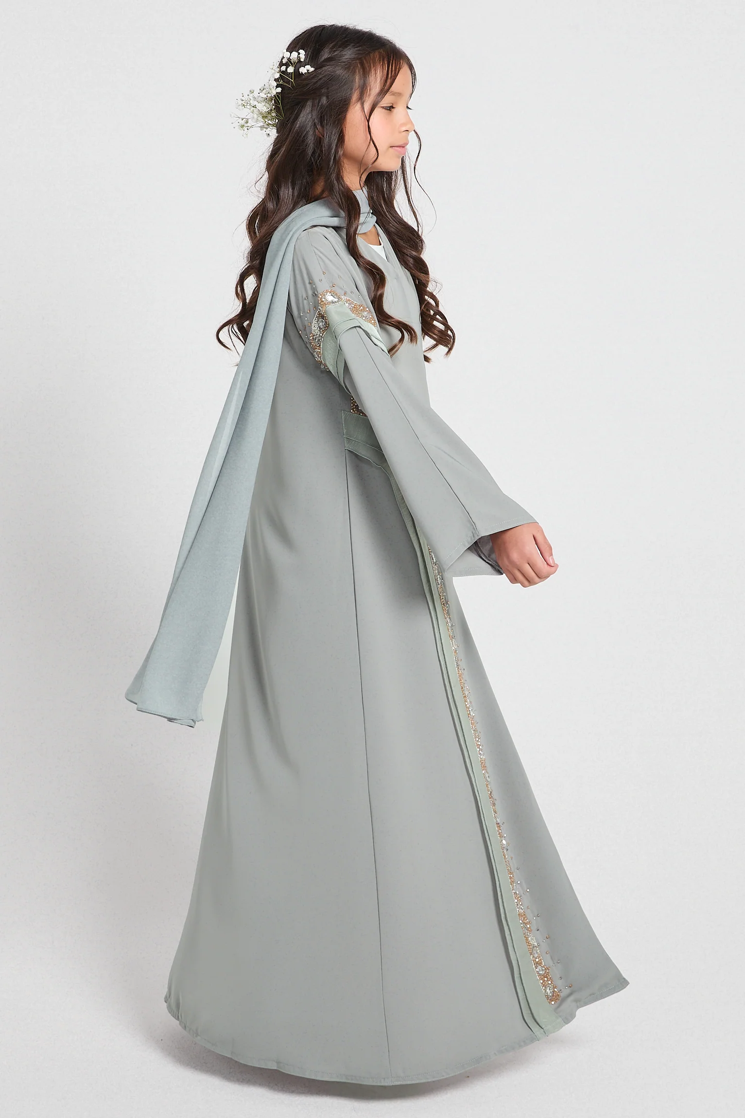 Junior Girls Premium Aurora Jewel Open Abaya with Organza Detail - Sage Grey - Image 6