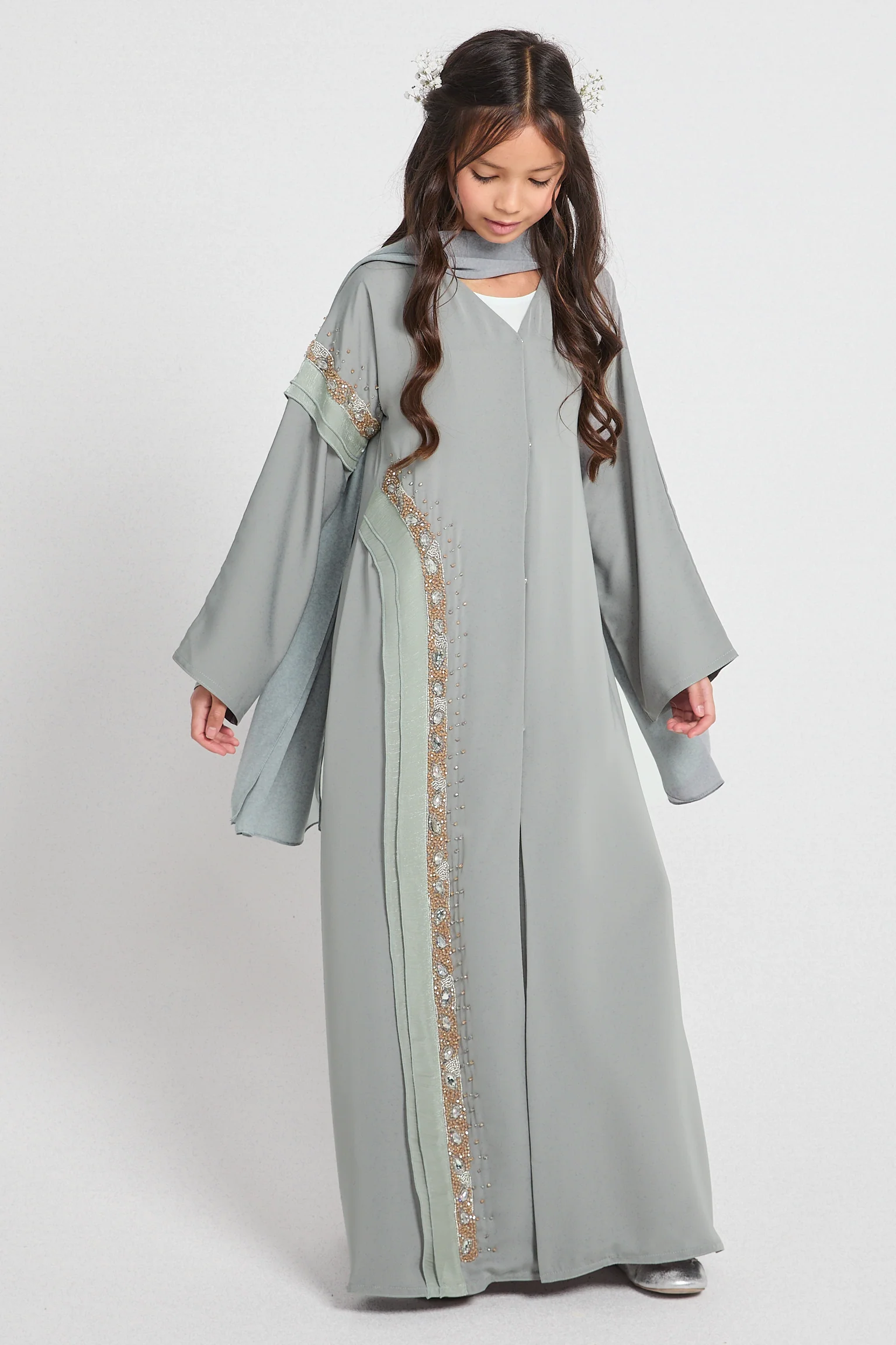 Junior Girls Premium Aurora Jewel Open Abaya with Organza Detail - Sage Grey - Image 7