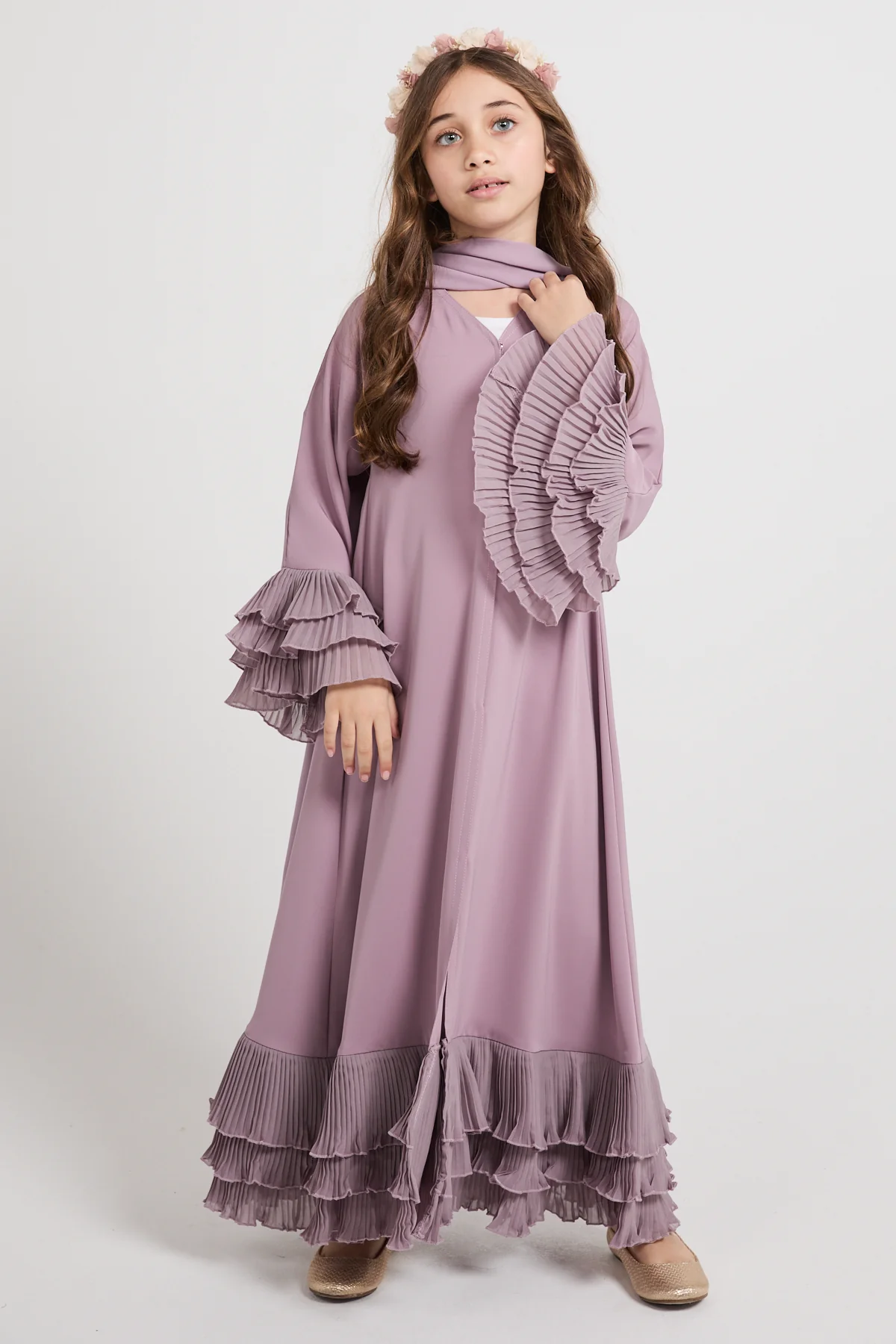 Junior Girls Premium Duchess Ruffle Open Abaya – Lilac Mist