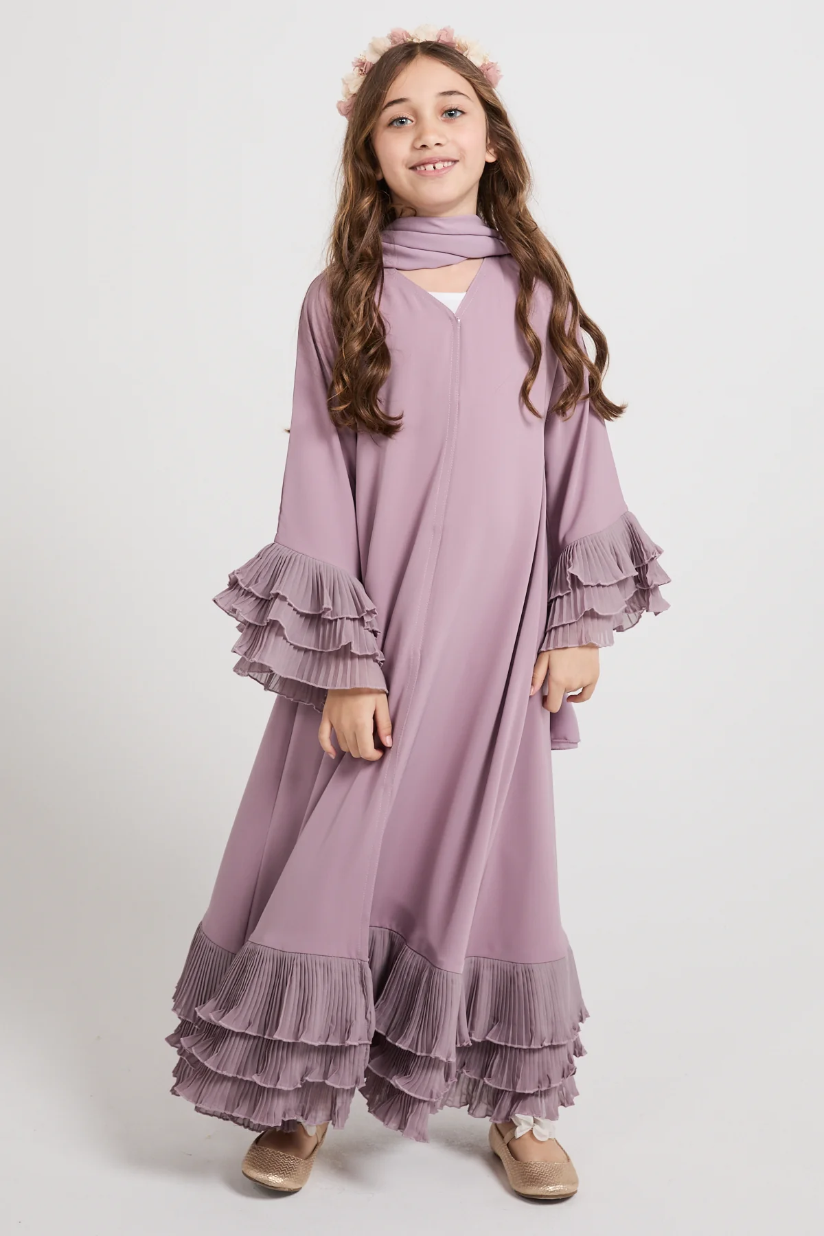 Junior Girls Premium Duchess Ruffle Open Abaya – Lilac Mist - Image 10