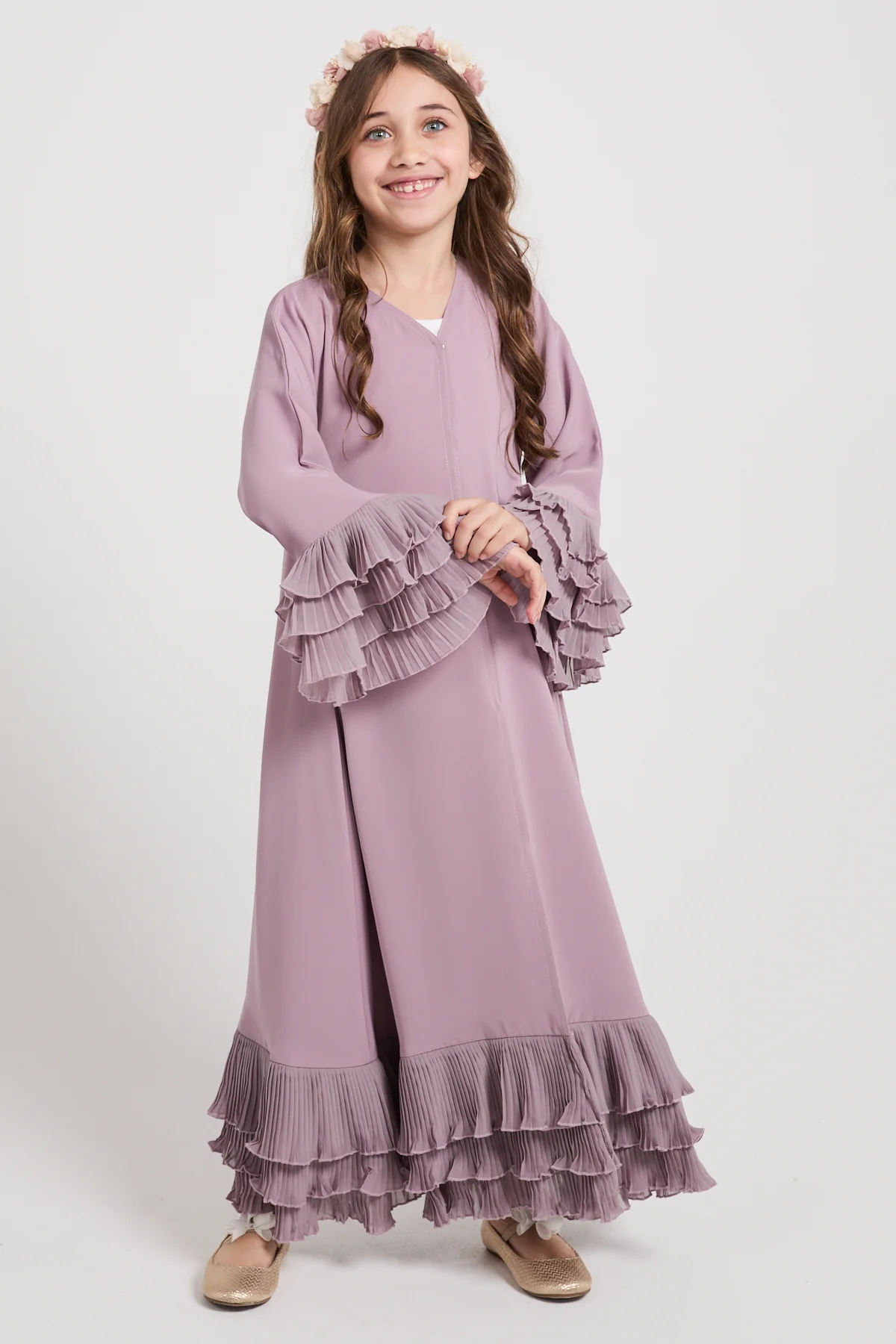 Junior Girls Premium Duchess Ruffle Open Abaya – Lilac Mist - Image 5