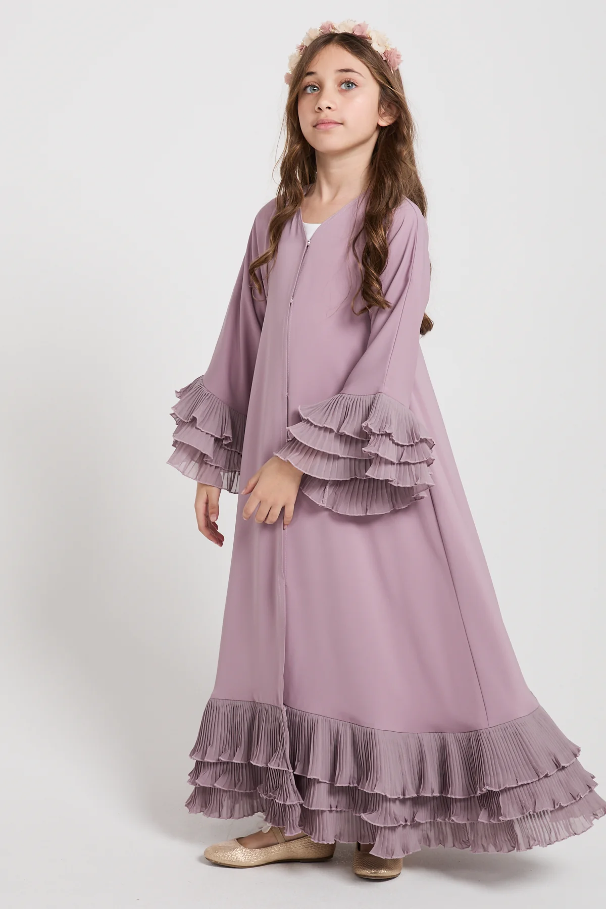 Junior Girls Premium Duchess Ruffle Open Abaya – Lilac Mist - Image 8