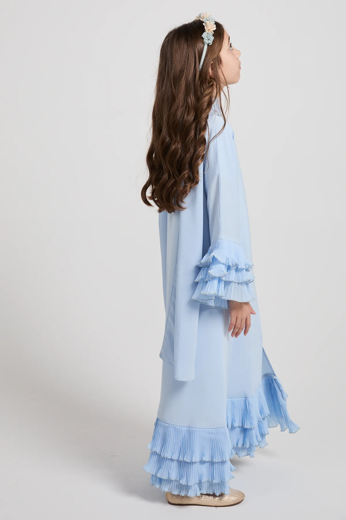Junior Girls Premium Duchess Ruffle Open Abaya – Powder Blue - Image 10