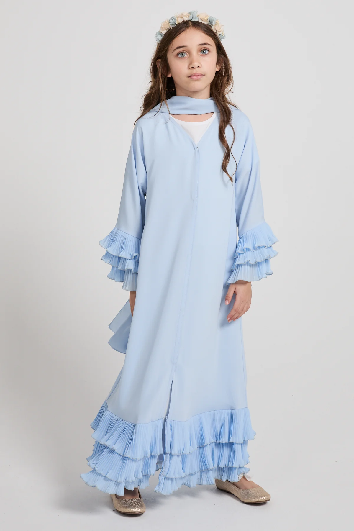 Junior Girls Premium Duchess Ruffle Open Abaya – Powder Blue - Image 3