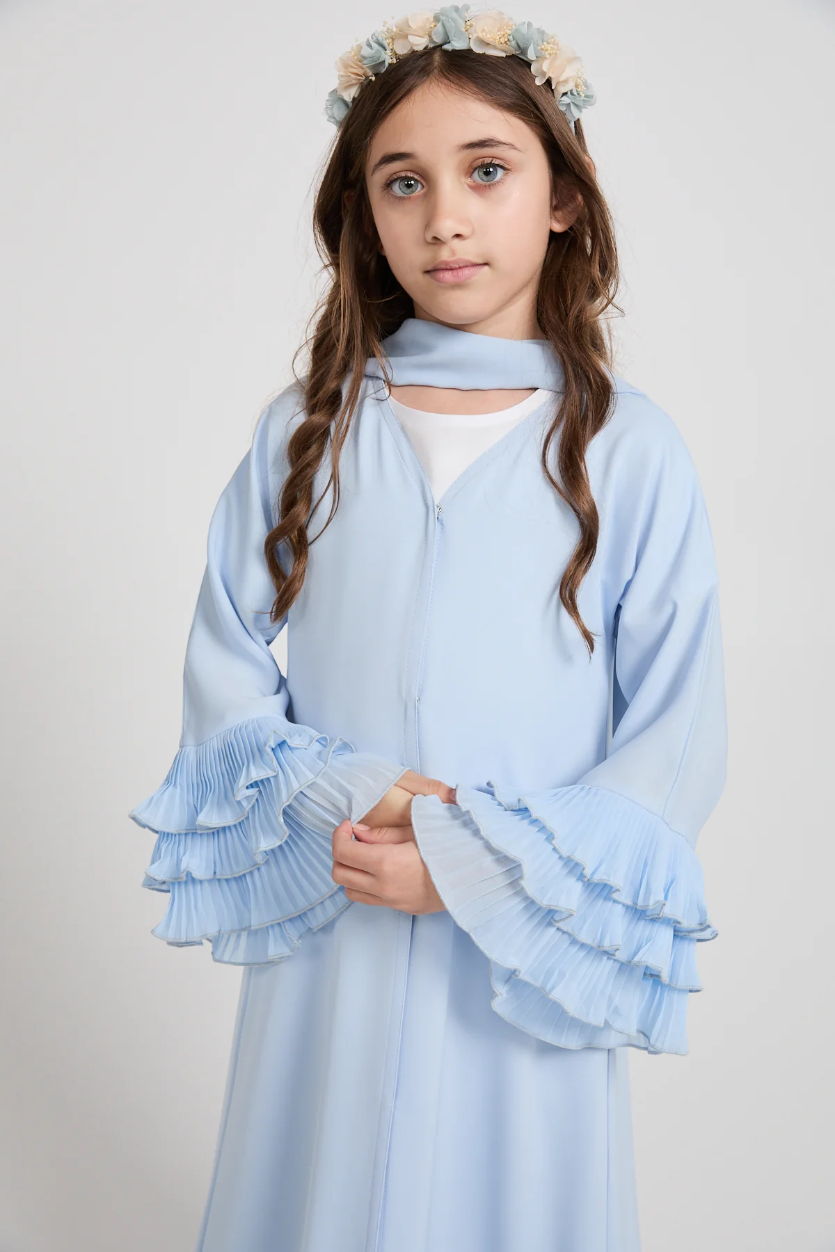 Junior Girls Premium Duchess Ruffle Open Abaya – Powder Blue - Image 4