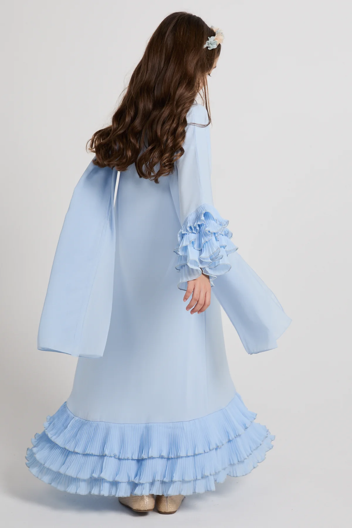 Junior Girls Premium Duchess Ruffle Open Abaya – Powder Blue - Image 5