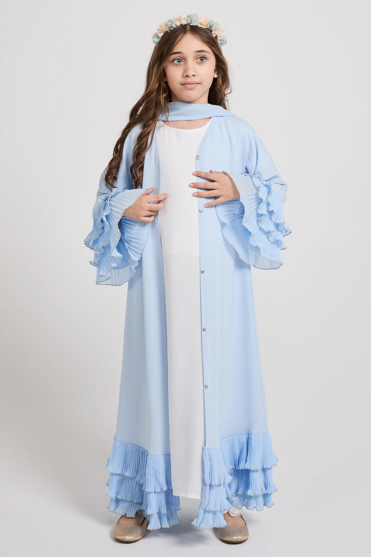 Junior Girls Premium Duchess Ruffle Open Abaya – Powder Blue - Image 6