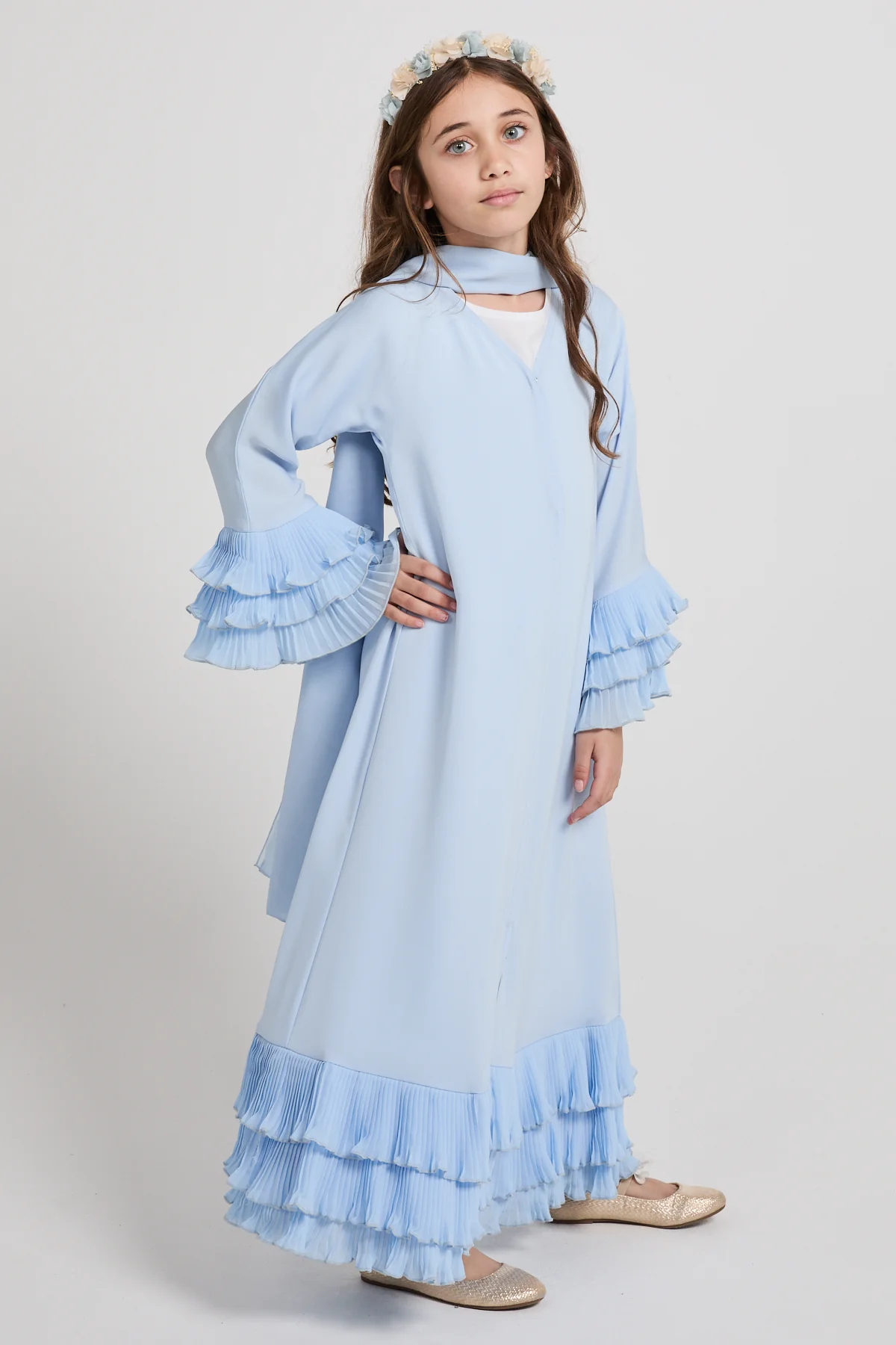 Junior Girls Premium Duchess Ruffle Open Abaya – Powder Blue - Image 7