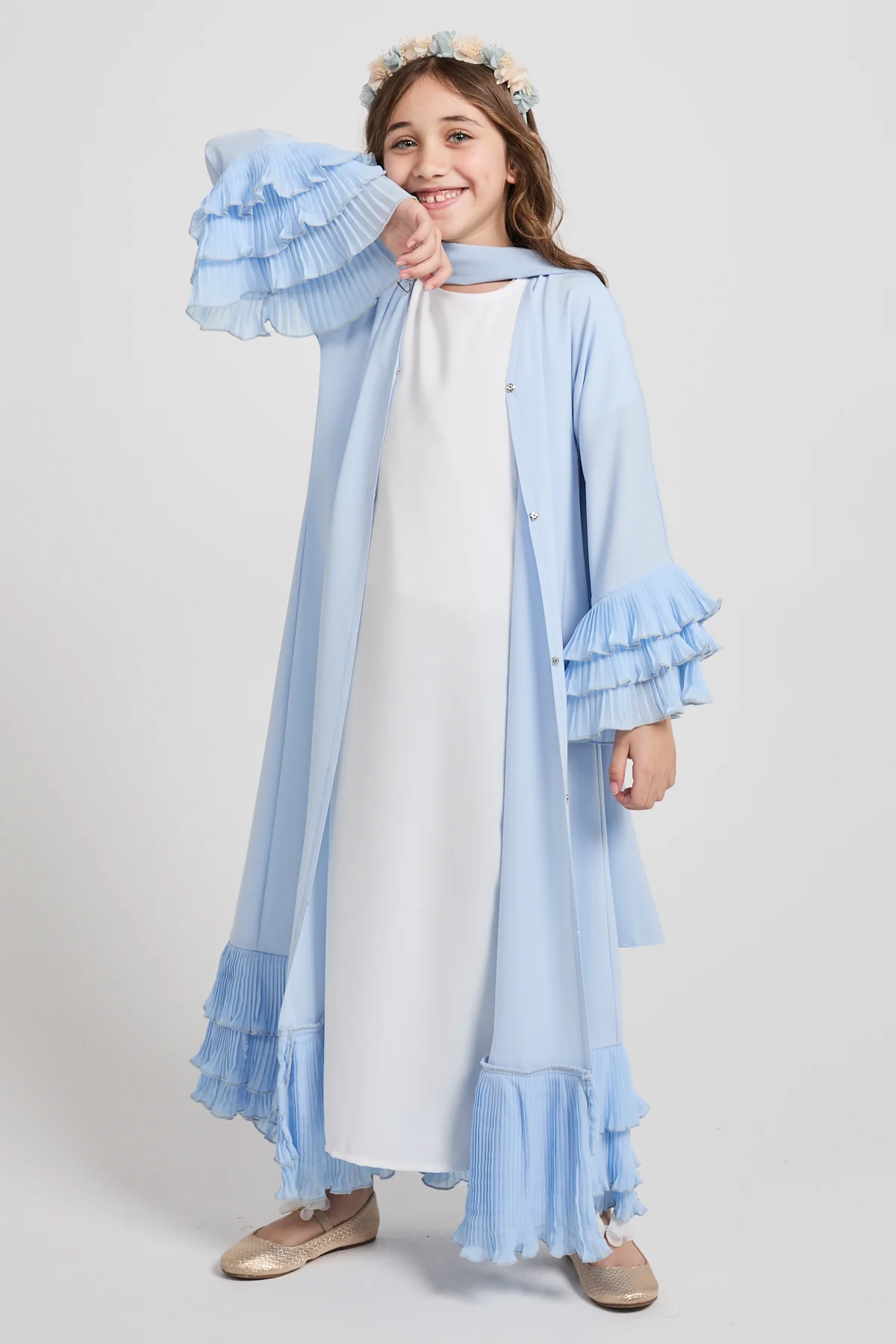Junior Girls Premium Duchess Ruffle Open Abaya – Powder Blue - Image 8