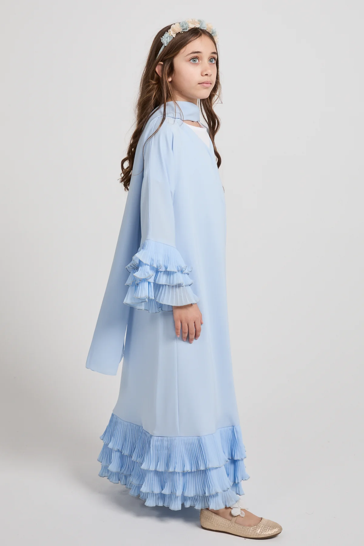 Junior Girls Premium Duchess Ruffle Open Abaya – Powder Blue - Image 9
