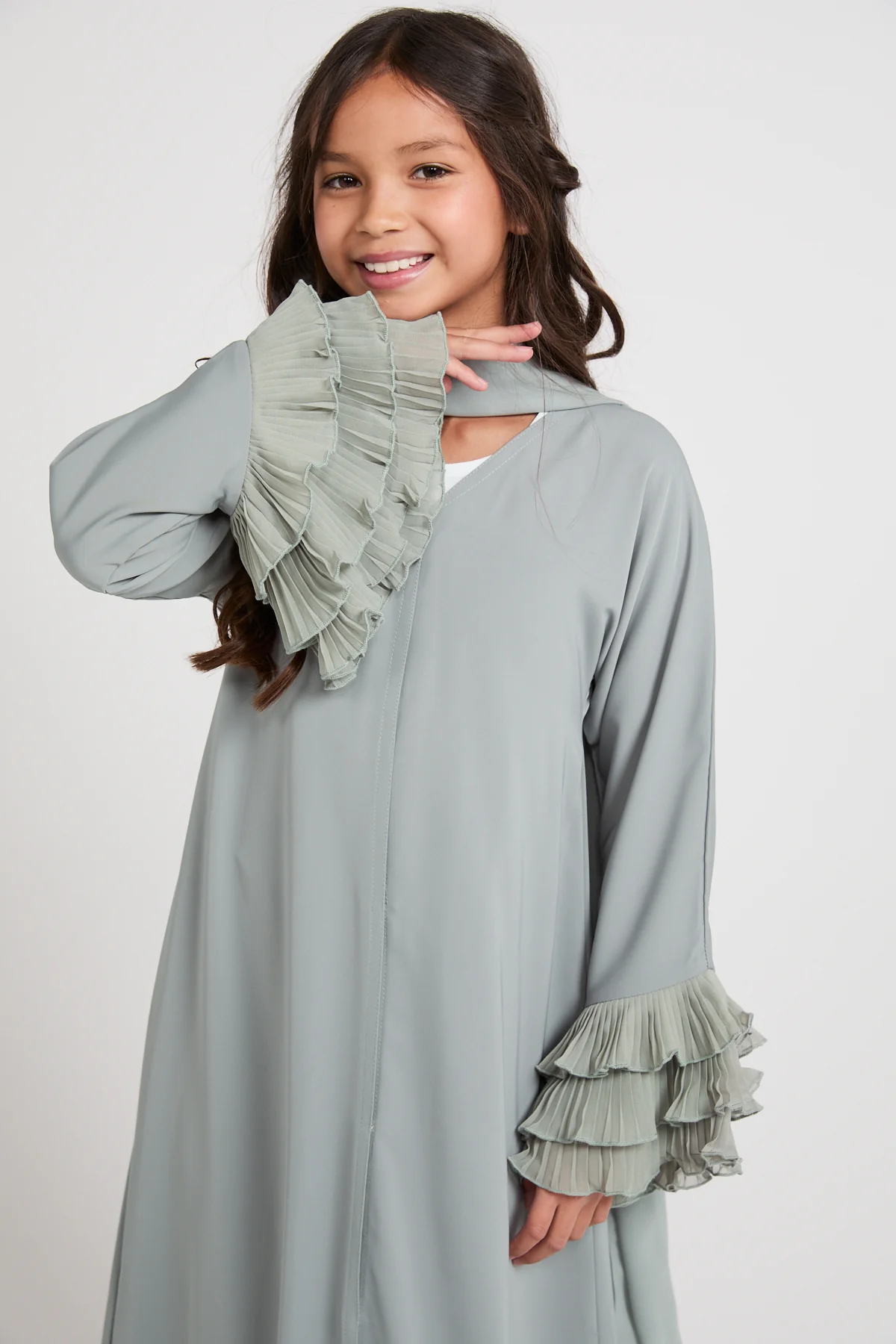 Junior Girls Premium Duchess Ruffle Open Abaya – Sage Grey - Image 2