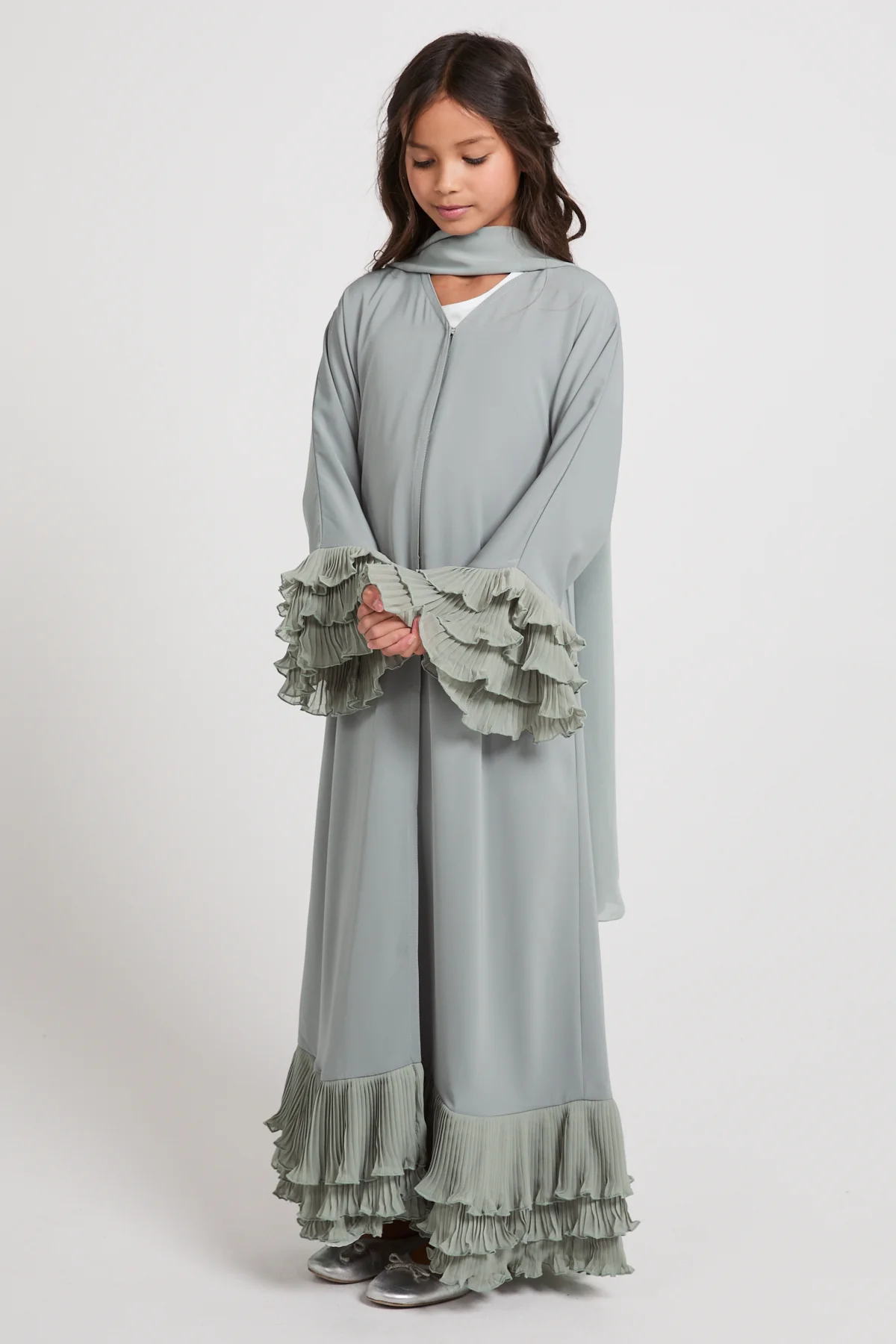 Junior Girls Premium Duchess Ruffle Open Abaya – Sage Grey - Image 3