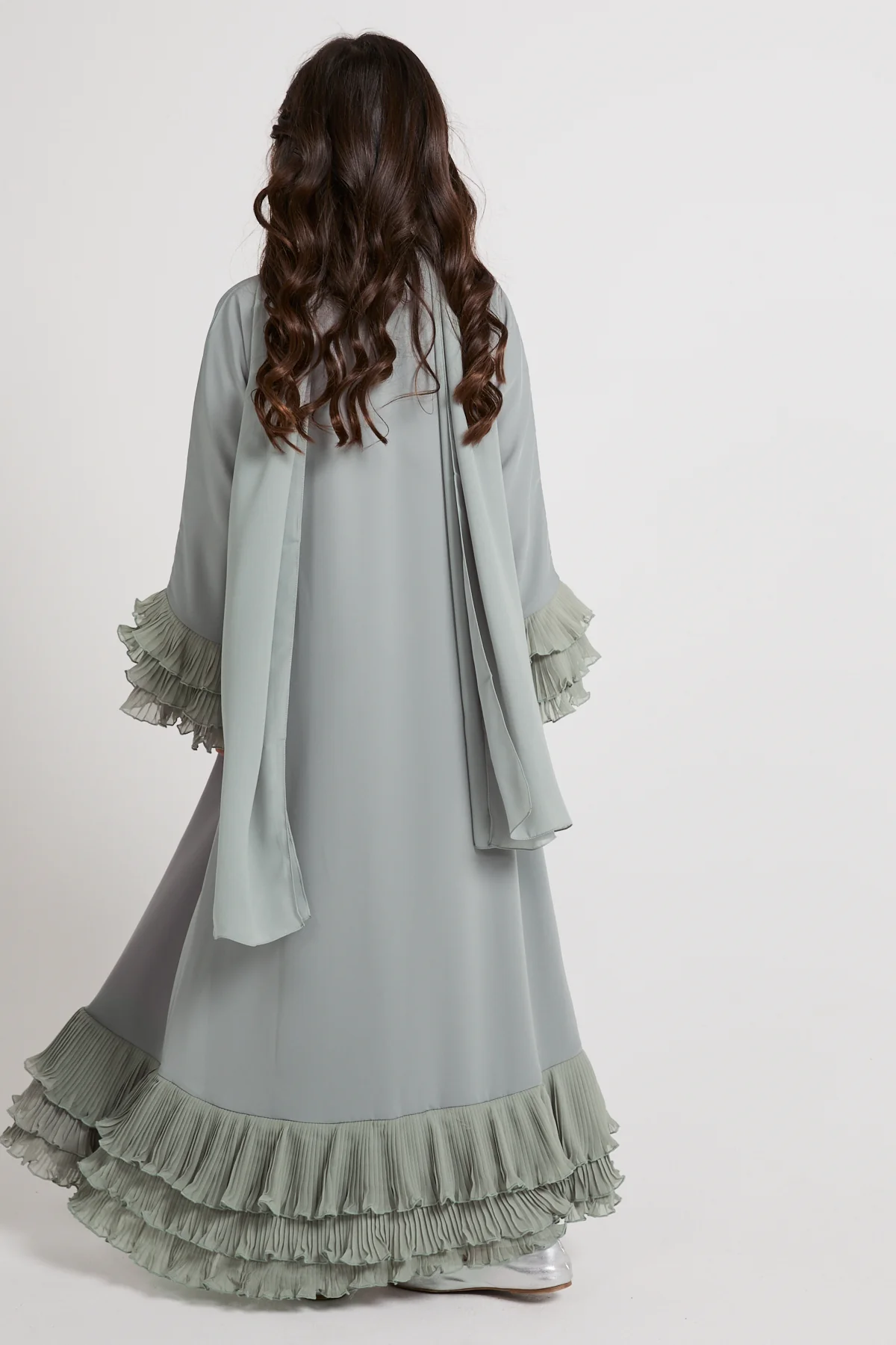 Junior Girls Premium Duchess Ruffle Open Abaya – Sage Grey - Image 4