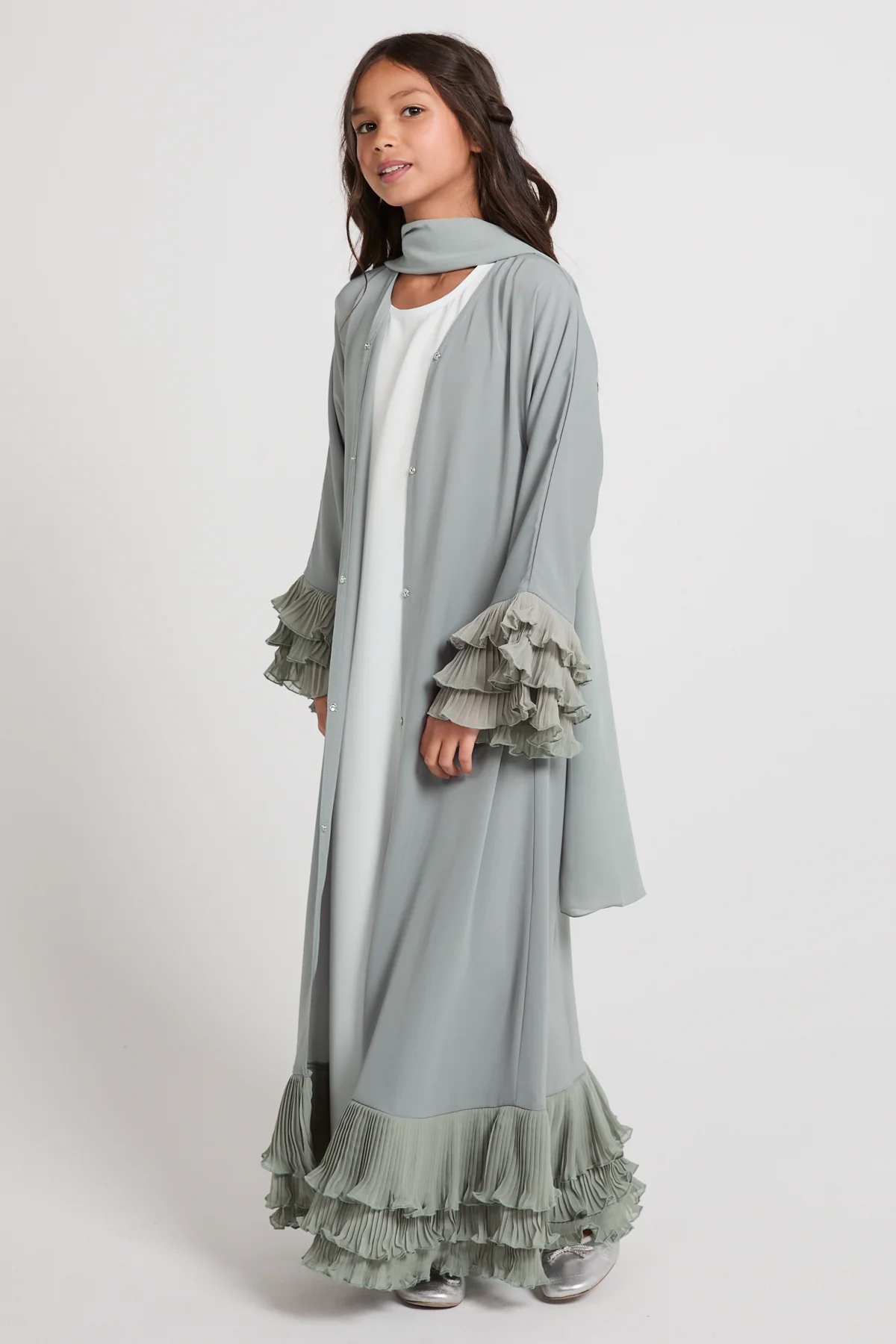 Junior Girls Premium Duchess Ruffle Open Abaya – Sage Grey - Image 7