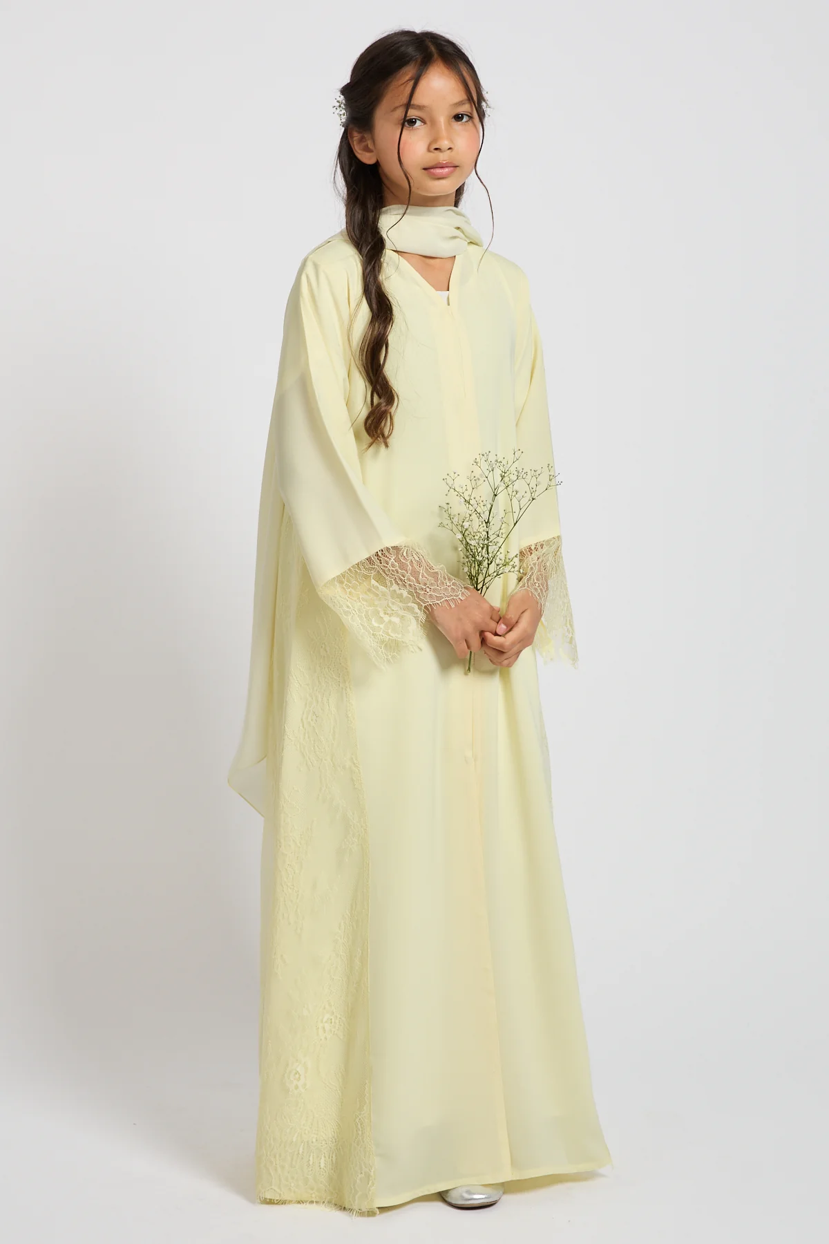 Junior Girls Premium French Lace Blossom Open Abaya  – Buttercream Yellow