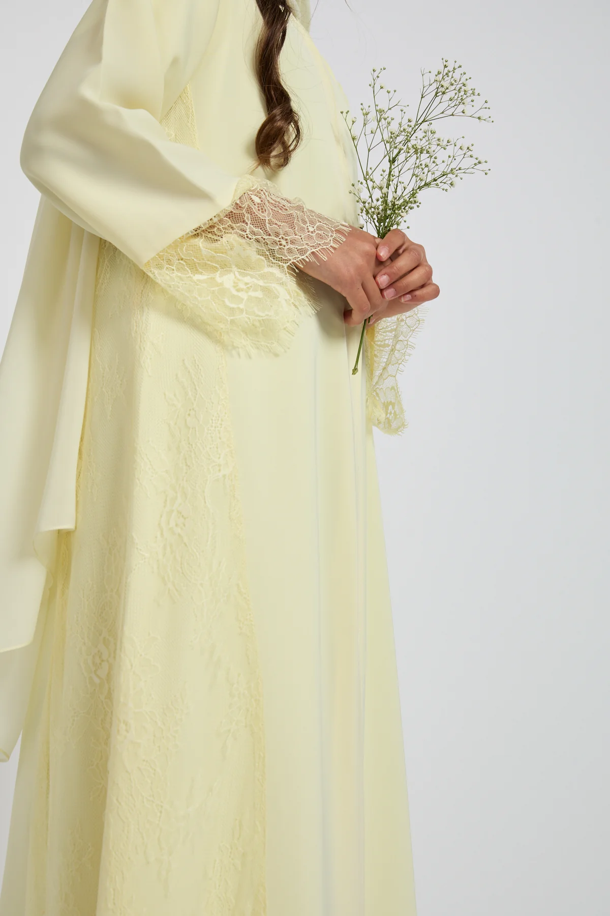 Junior Girls Premium French Lace Blossom Open Abaya  – Buttercream Yellow - Image 2