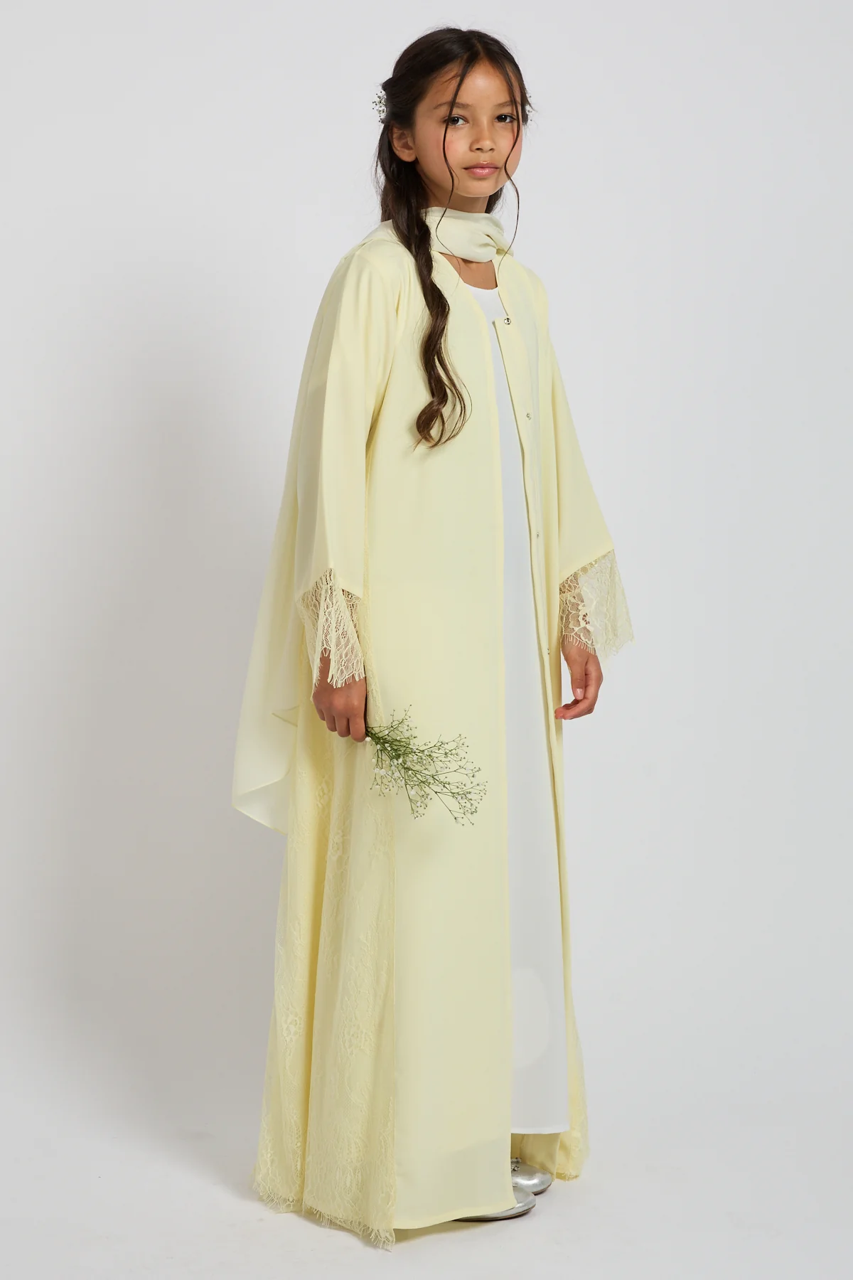 Junior Girls Premium French Lace Blossom Open Abaya  – Buttercream Yellow - Image 3