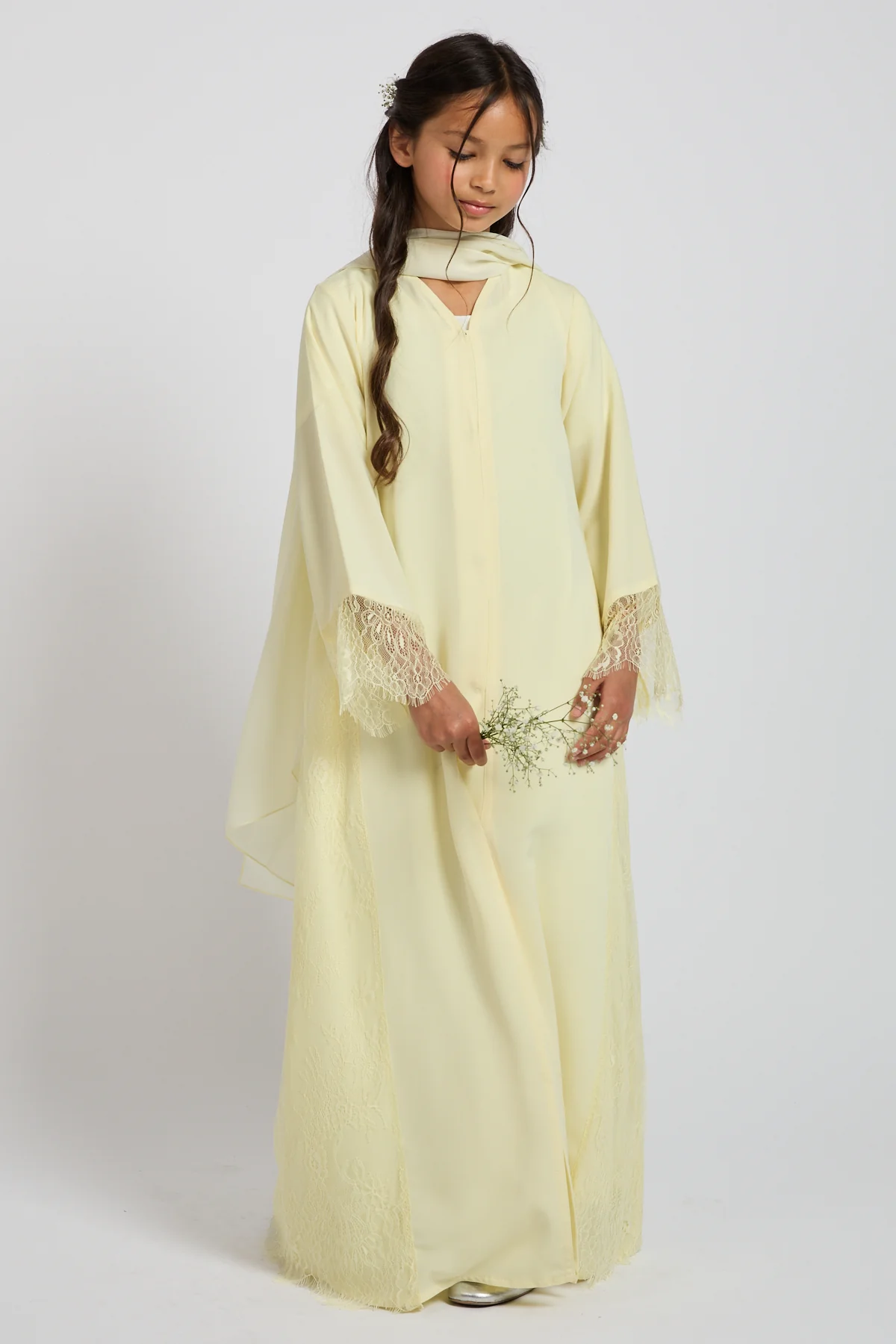Junior Girls Premium French Lace Blossom Open Abaya  – Buttercream Yellow - Image 6