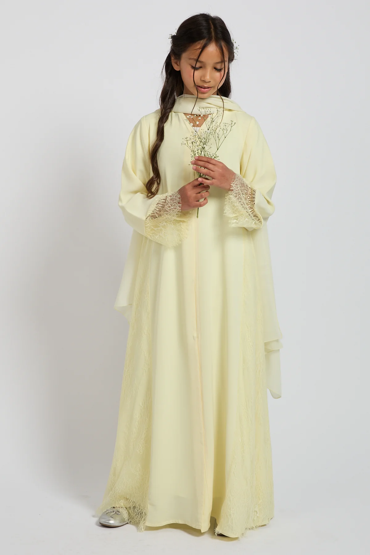 Junior Girls Premium French Lace Blossom Open Abaya  – Buttercream Yellow - Image 8