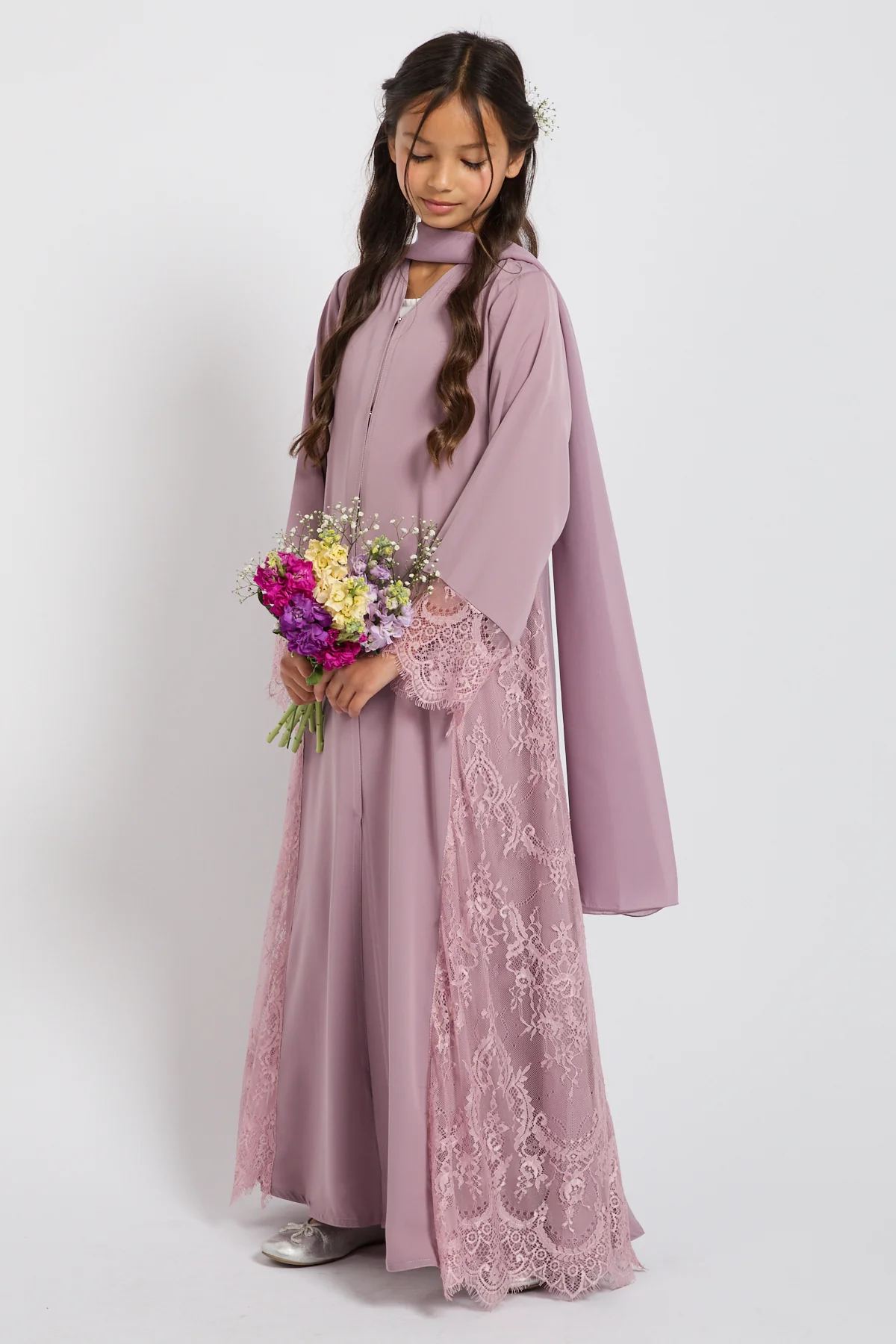 Junior Girls Premium French Lace Blossom Open Abaya – Lilac Rose - PRE ORDER