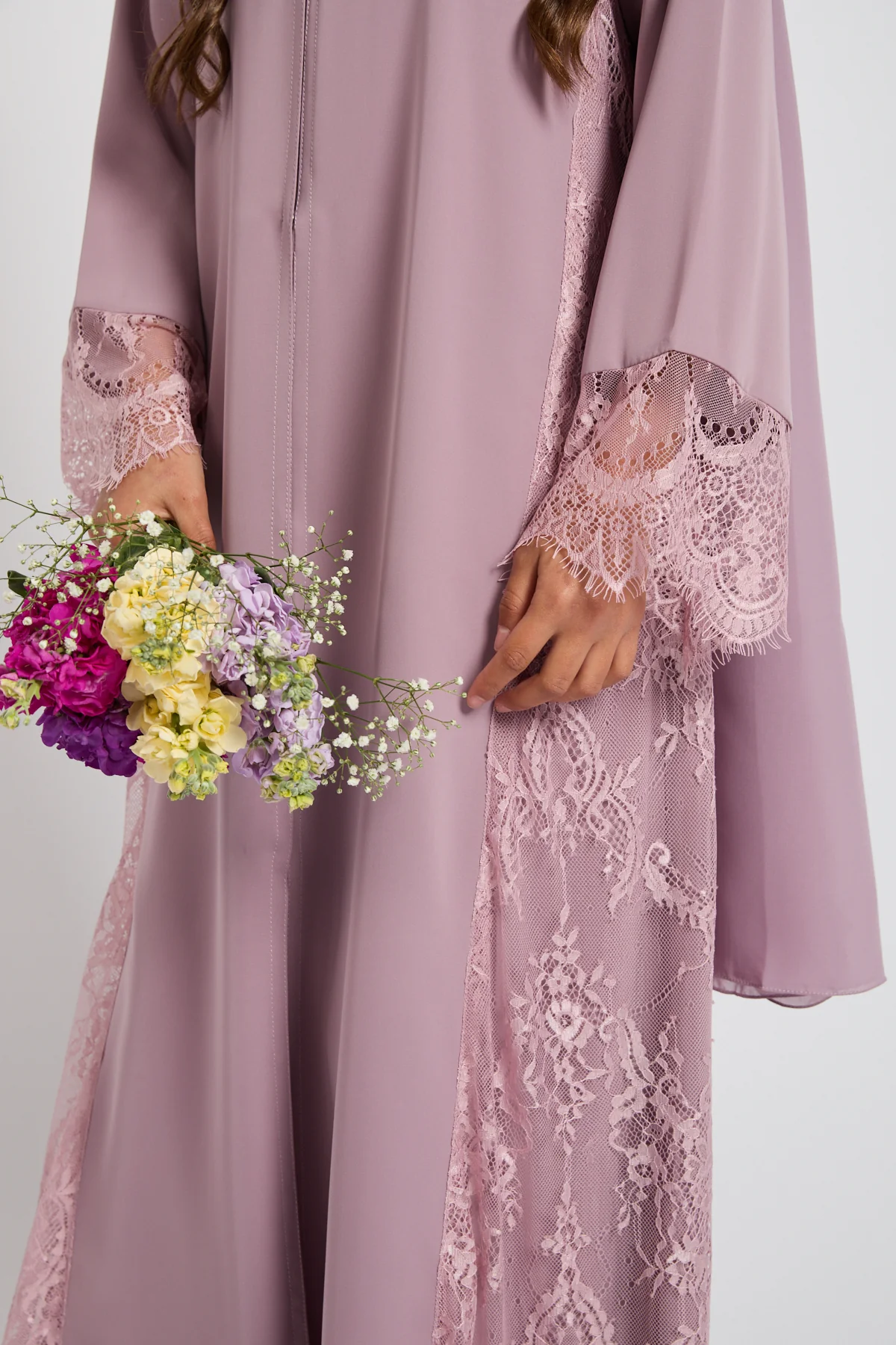 Junior Girls Premium French Lace Blossom Open Abaya – Lilac Rose - PRE ORDER - Image 2
