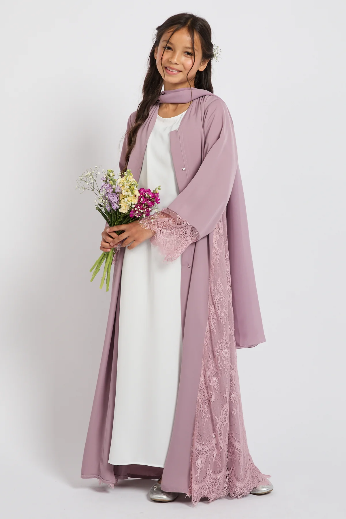 Junior Girls Premium French Lace Blossom Open Abaya – Lilac Rose - PRE ORDER - Image 3