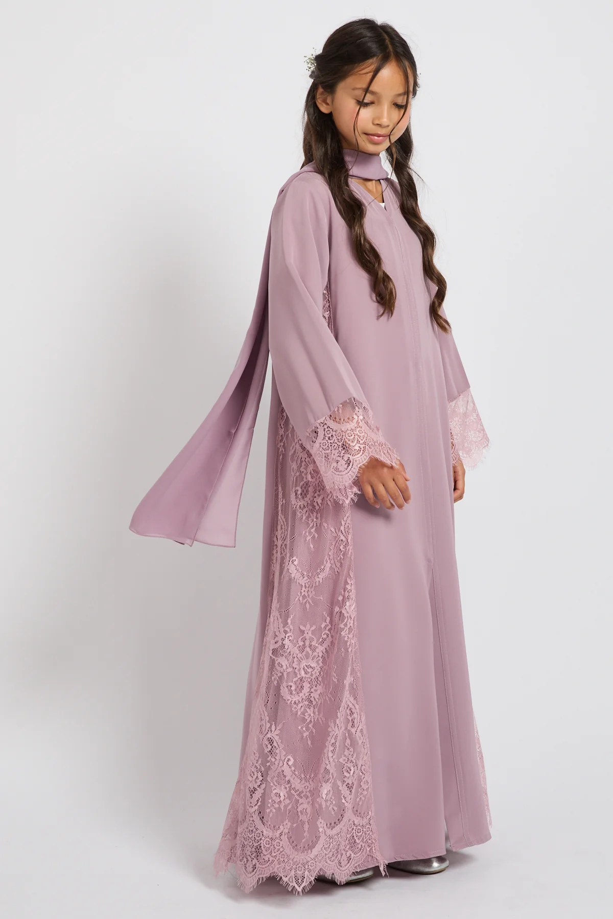 Junior Girls Premium French Lace Blossom Open Abaya – Lilac Rose - PRE ORDER - Image 4