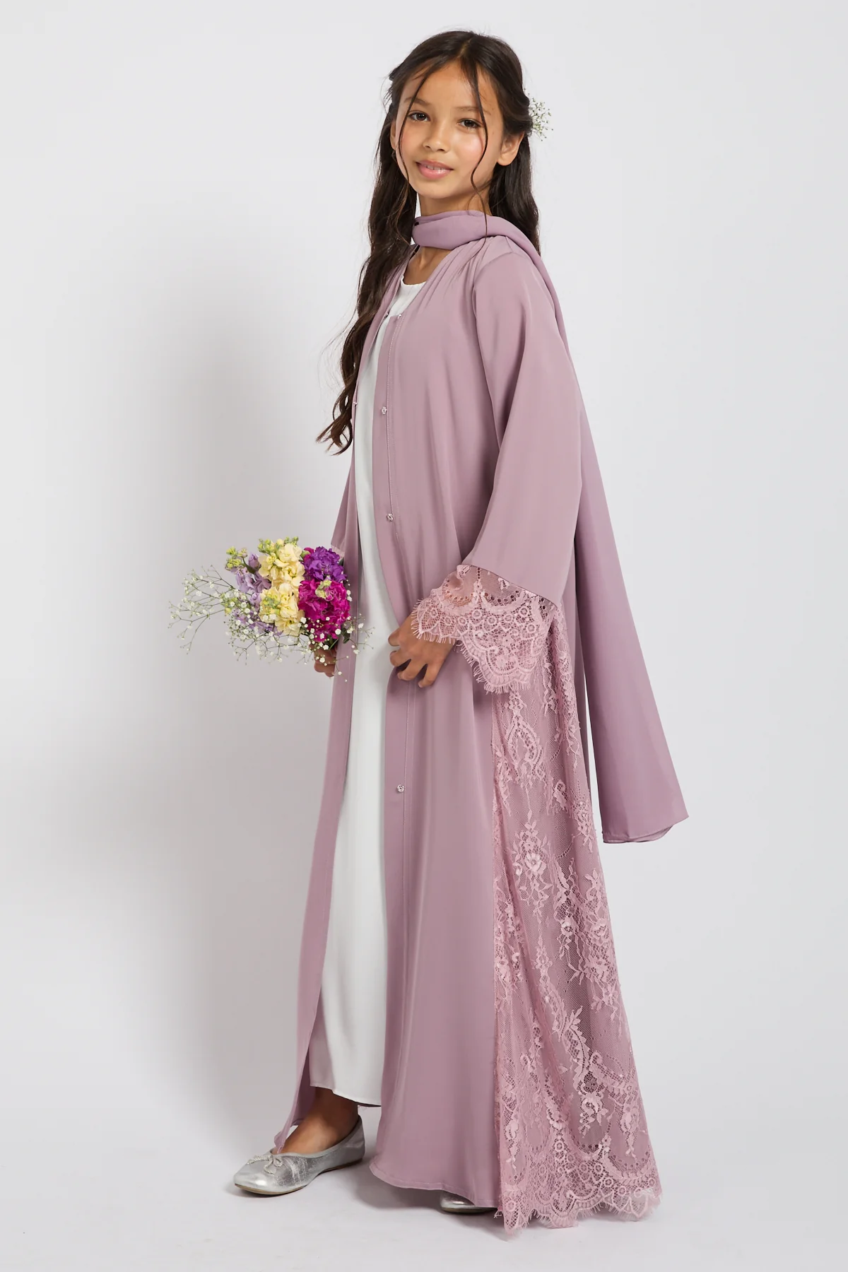 Junior Girls Premium French Lace Blossom Open Abaya – Lilac Rose - PRE ORDER - Image 5