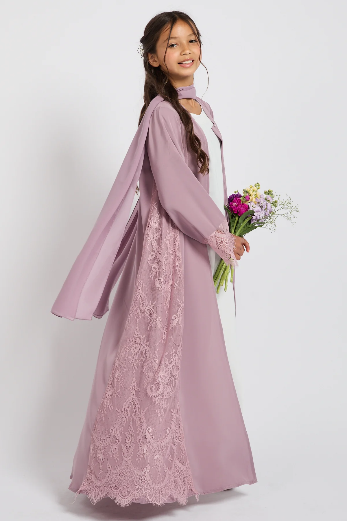 Junior Girls Premium French Lace Blossom Open Abaya – Lilac Rose - PRE ORDER - Image 6