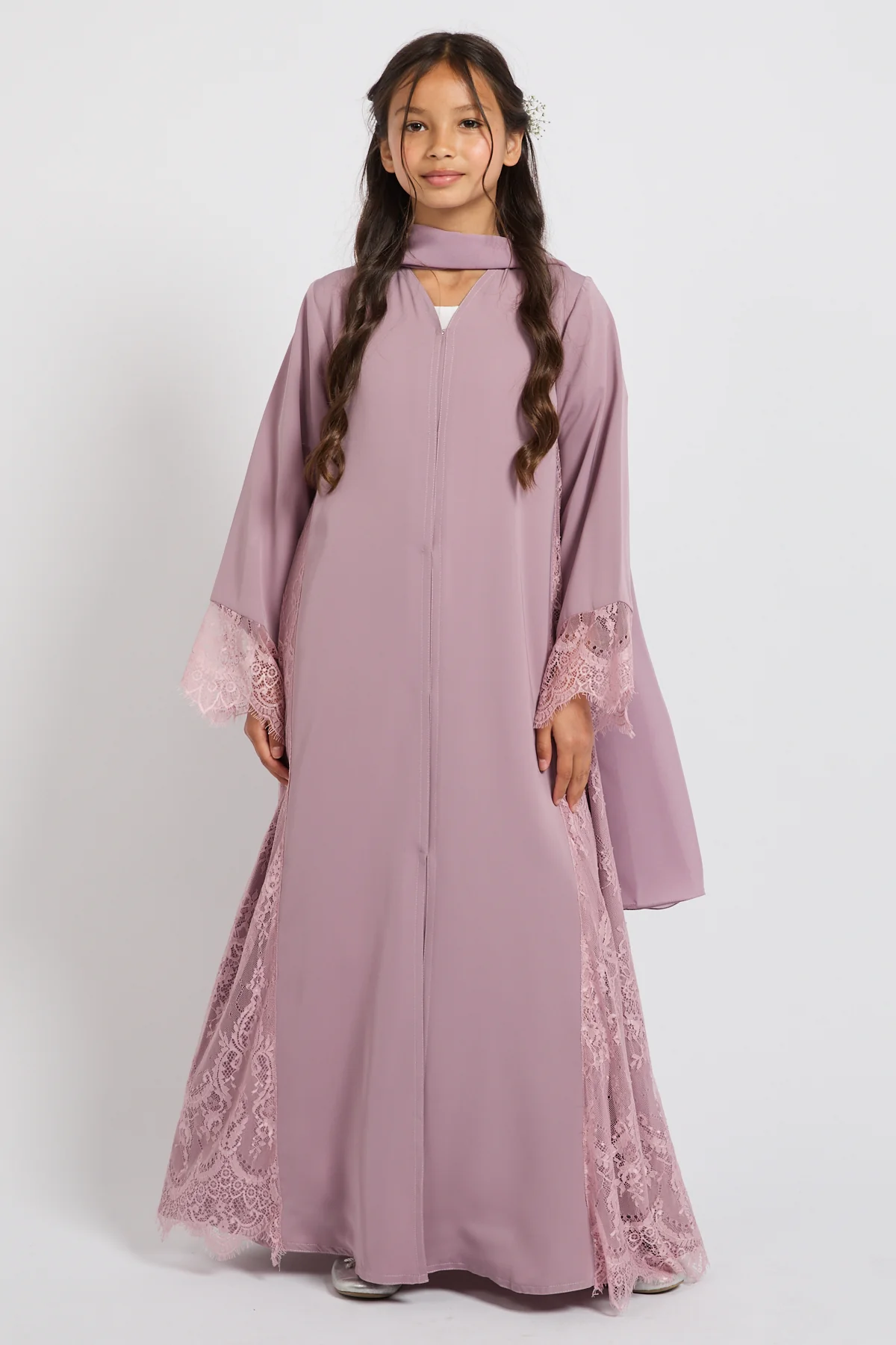 Junior Girls Premium French Lace Blossom Open Abaya – Lilac Rose - PRE ORDER - Image 7