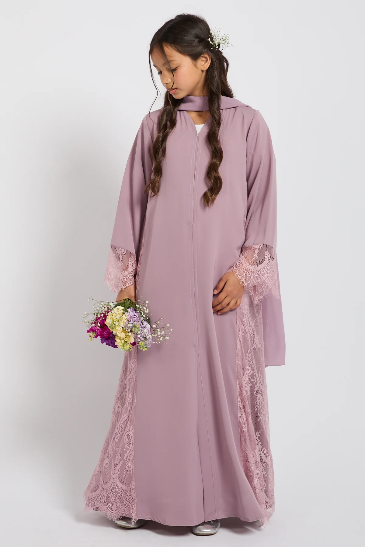 Junior Girls Premium French Lace Blossom Open Abaya – Lilac Rose - PRE ORDER - Image 8