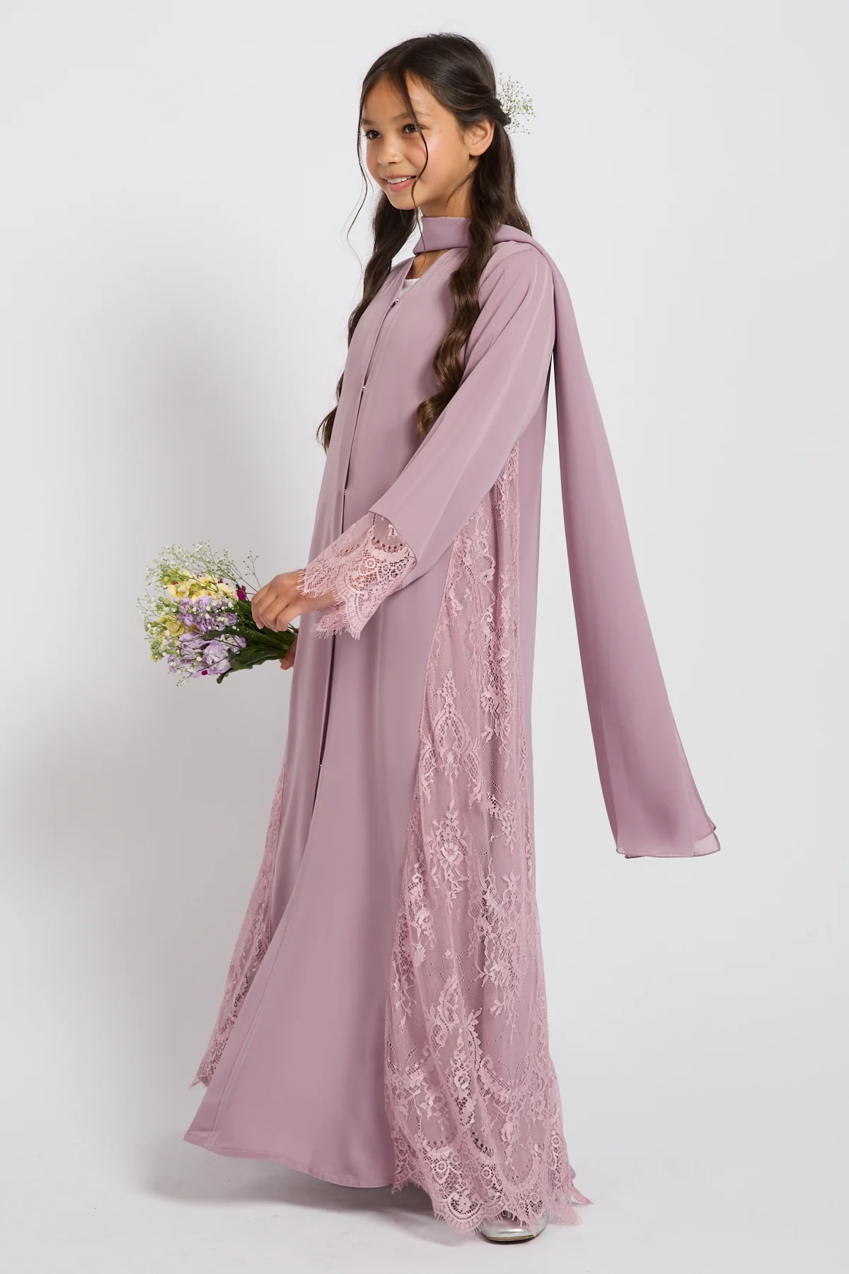 Junior Girls Premium French Lace Blossom Open Abaya – Lilac Rose - PRE ORDER - Image 9