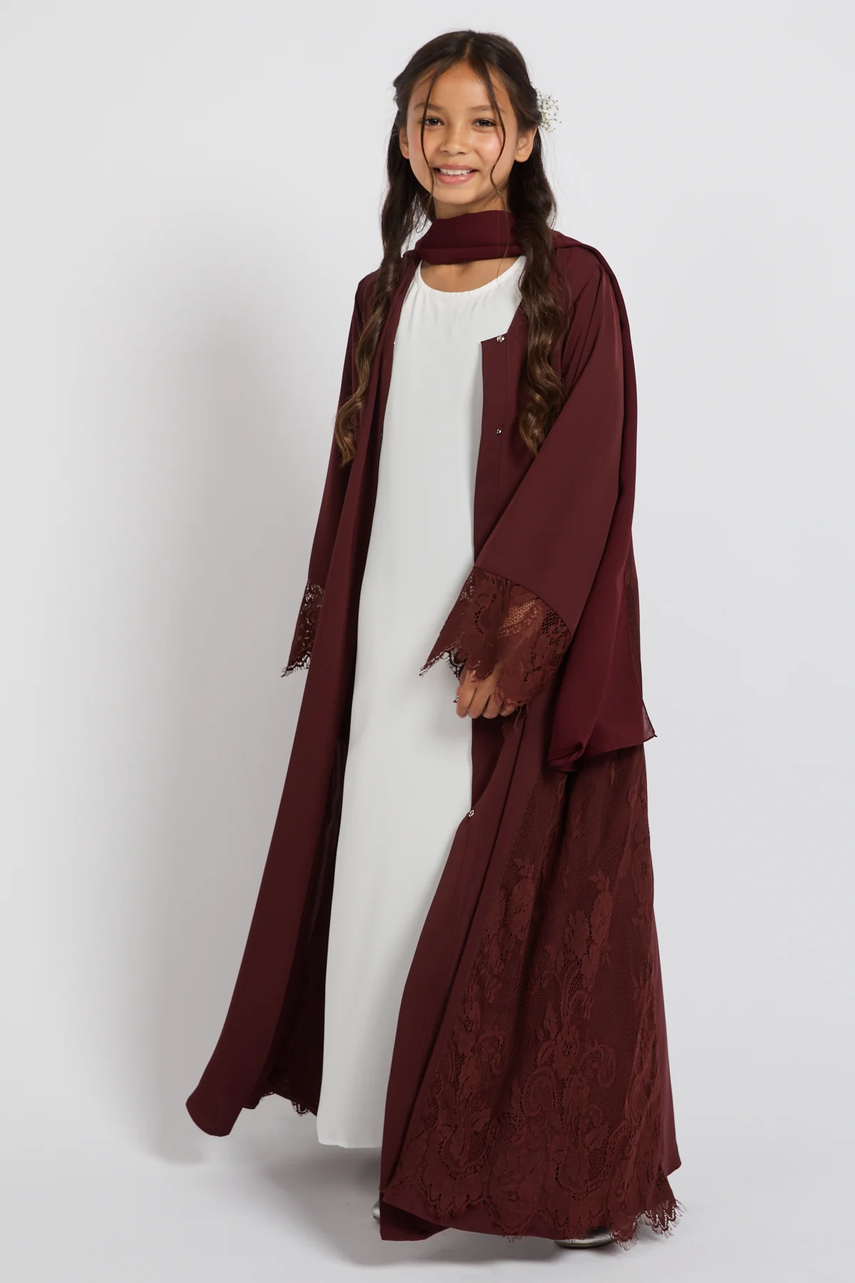 Junior Girls Premium French Lace Blossom Open Abaya – Mahogany Rouge