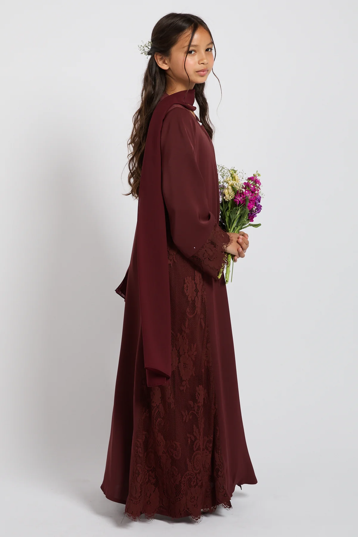 Junior Girls Premium French Lace Blossom Open Abaya – Mahogany Rouge - Image 10