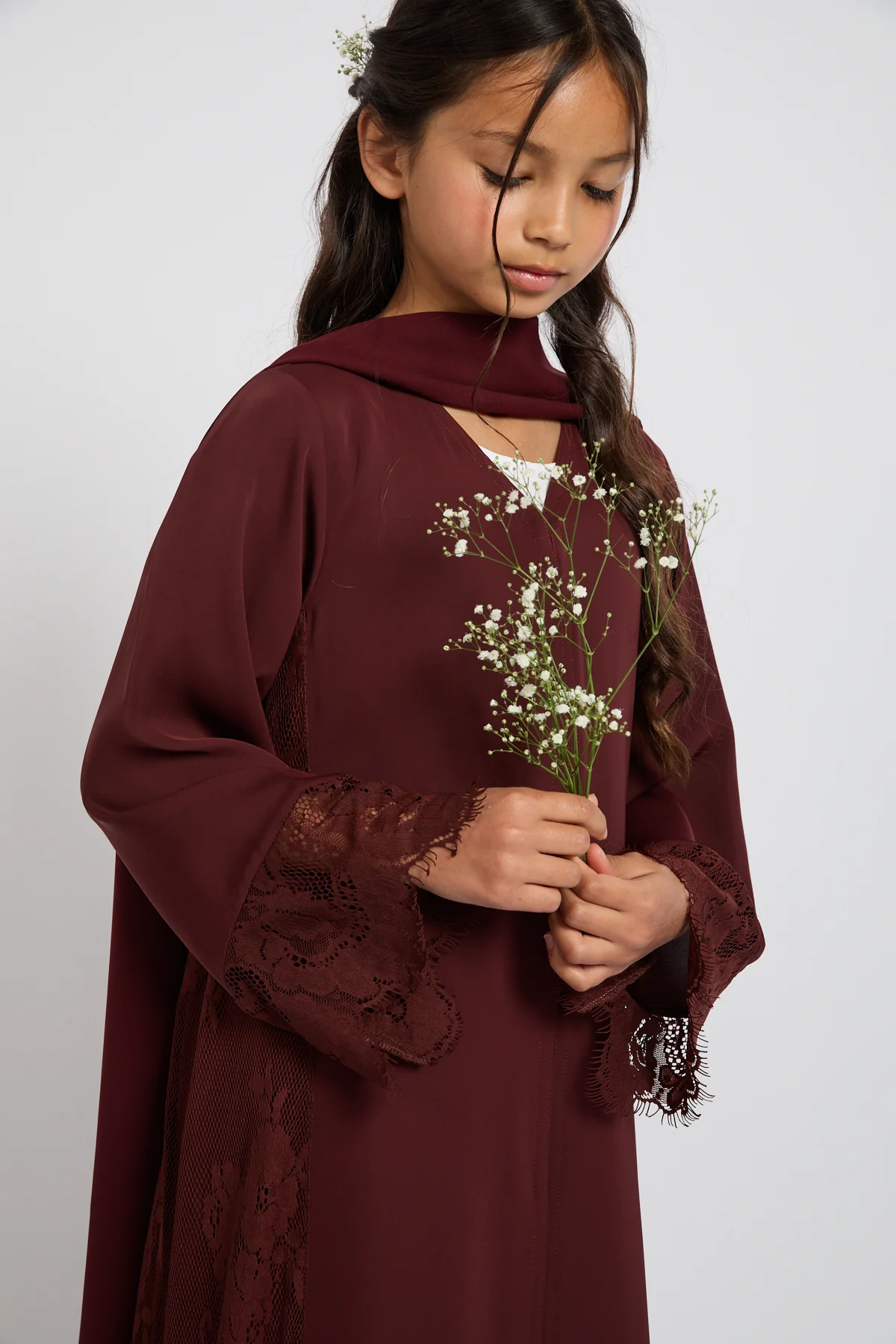 Junior Girls Premium French Lace Blossom Open Abaya – Mahogany Rouge - Image 2